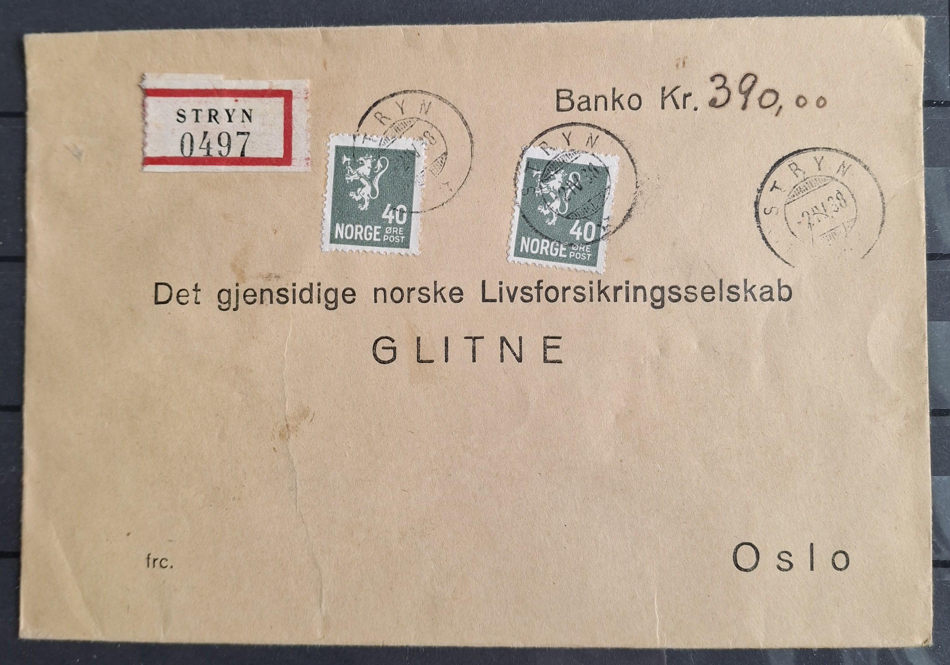 Banko brev Rek stp Stryn  -2 IV 38