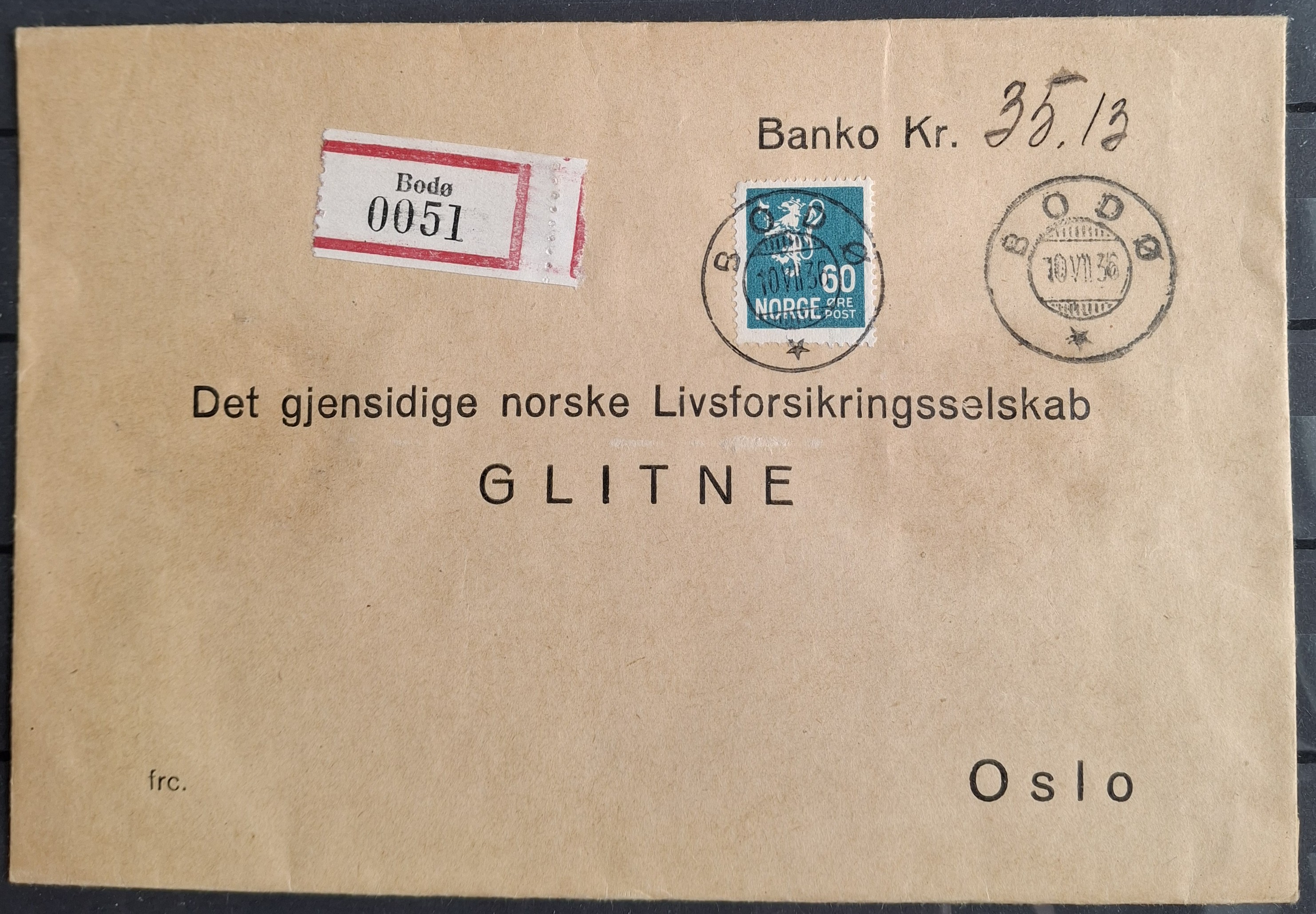 Banko brev Rek stp Bodø 10 VII 36