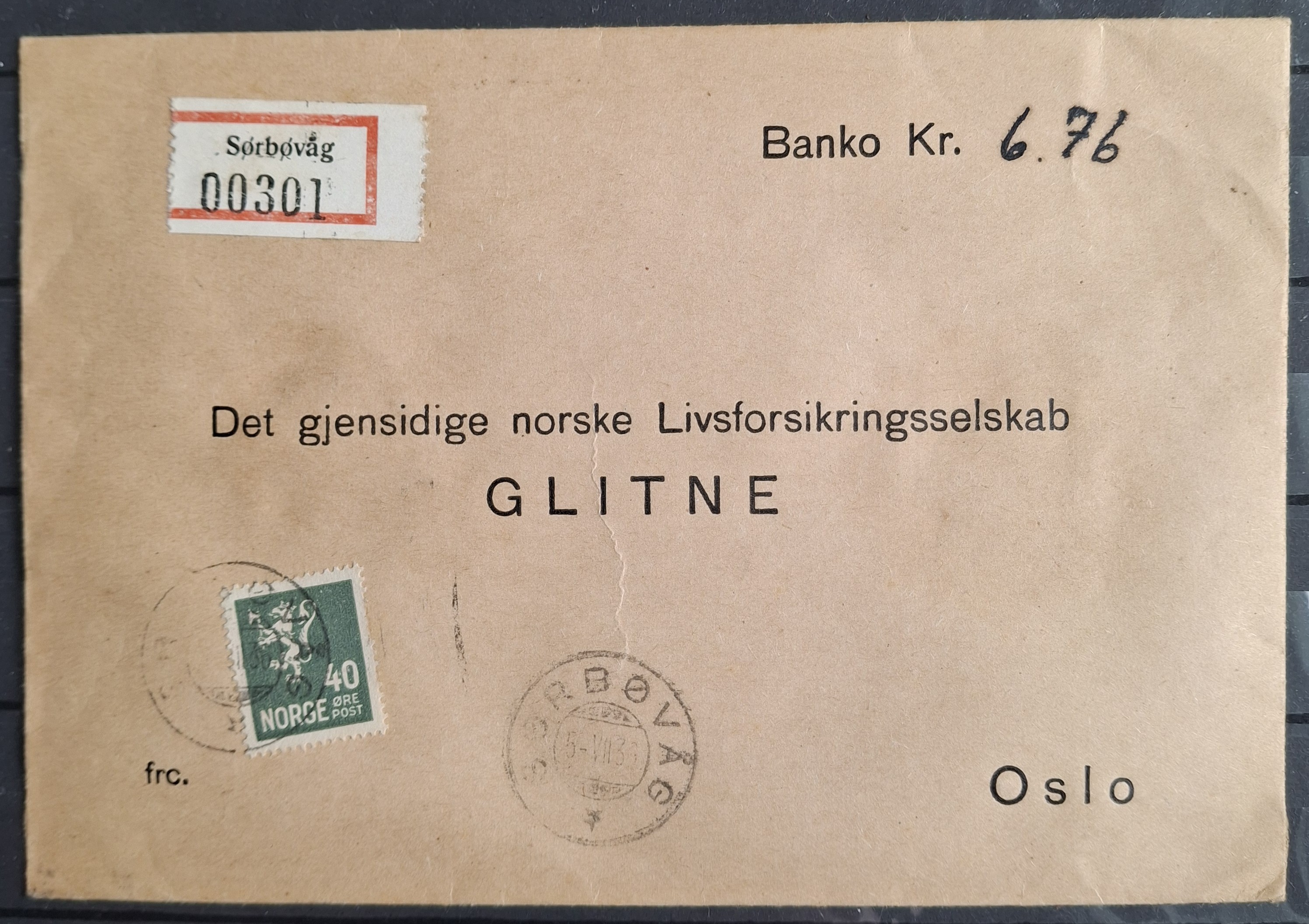 Banko brev Rek stp Sørbøvåg 5-VII-36