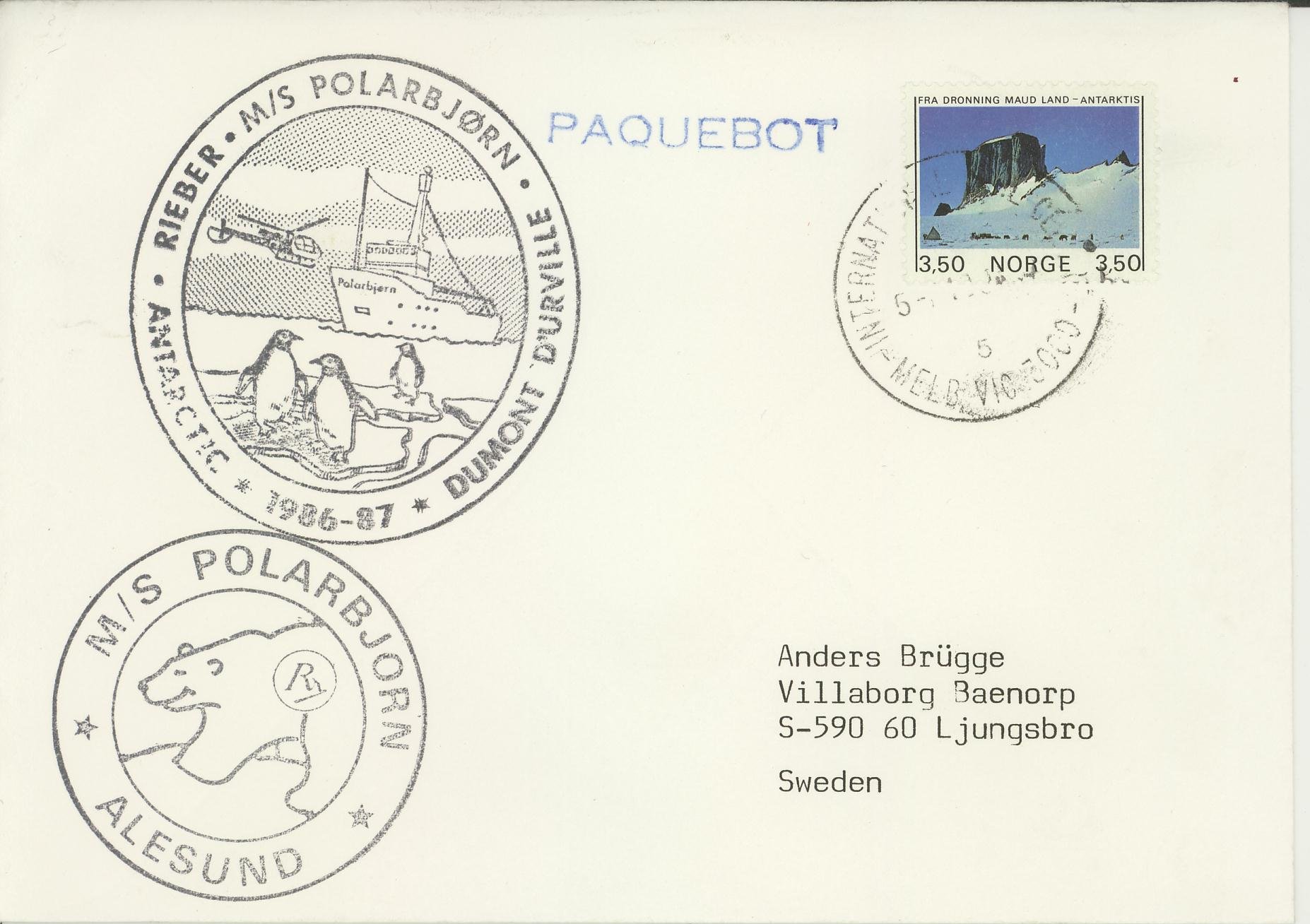 POLAR. PAQUEBOT BREV. Norsk frankering. Levert poskontor i Melbourne, Australia
