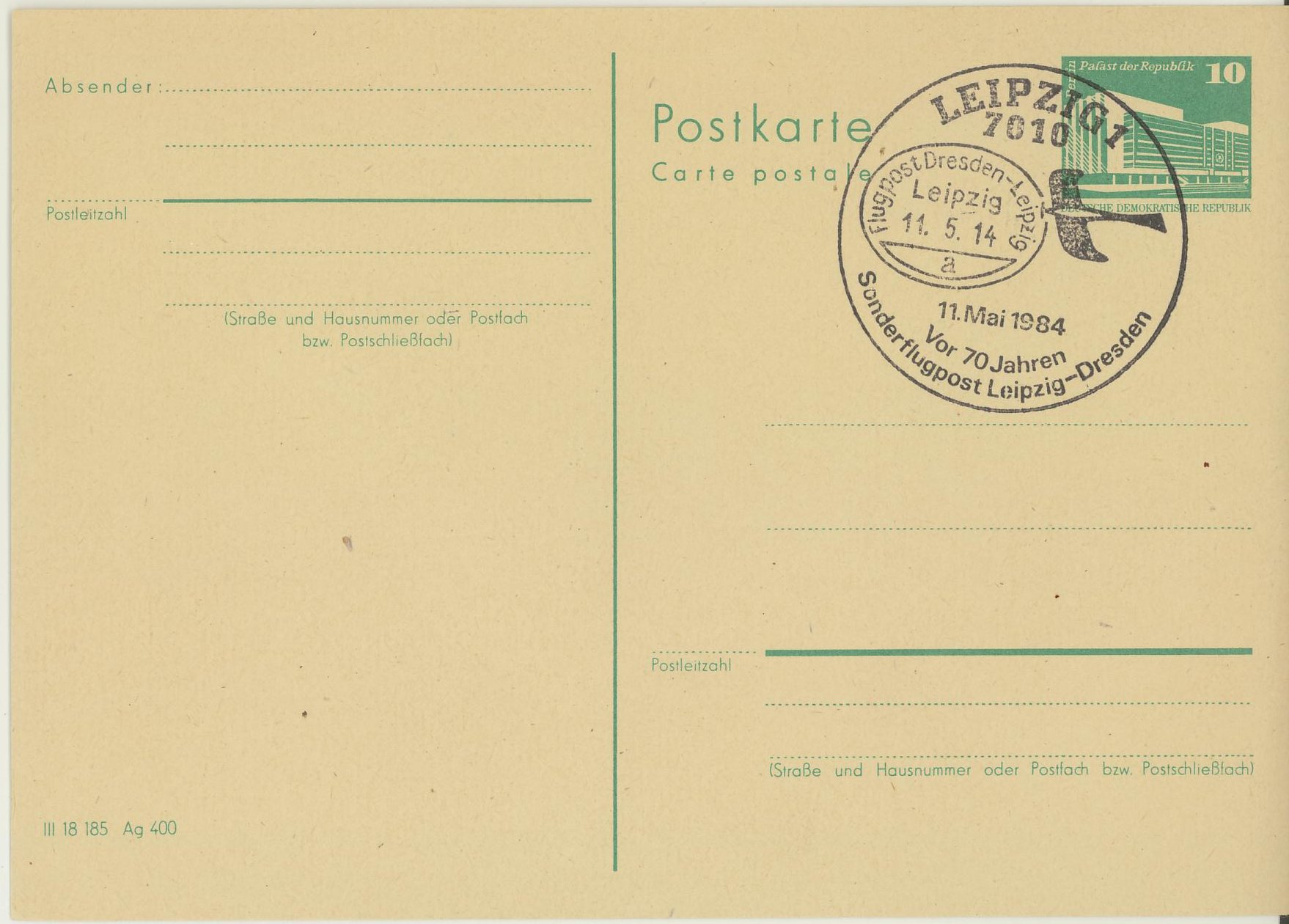 Særstempel i forbindelse med 70 år luftpost Dresden- Leipzig, uadressert