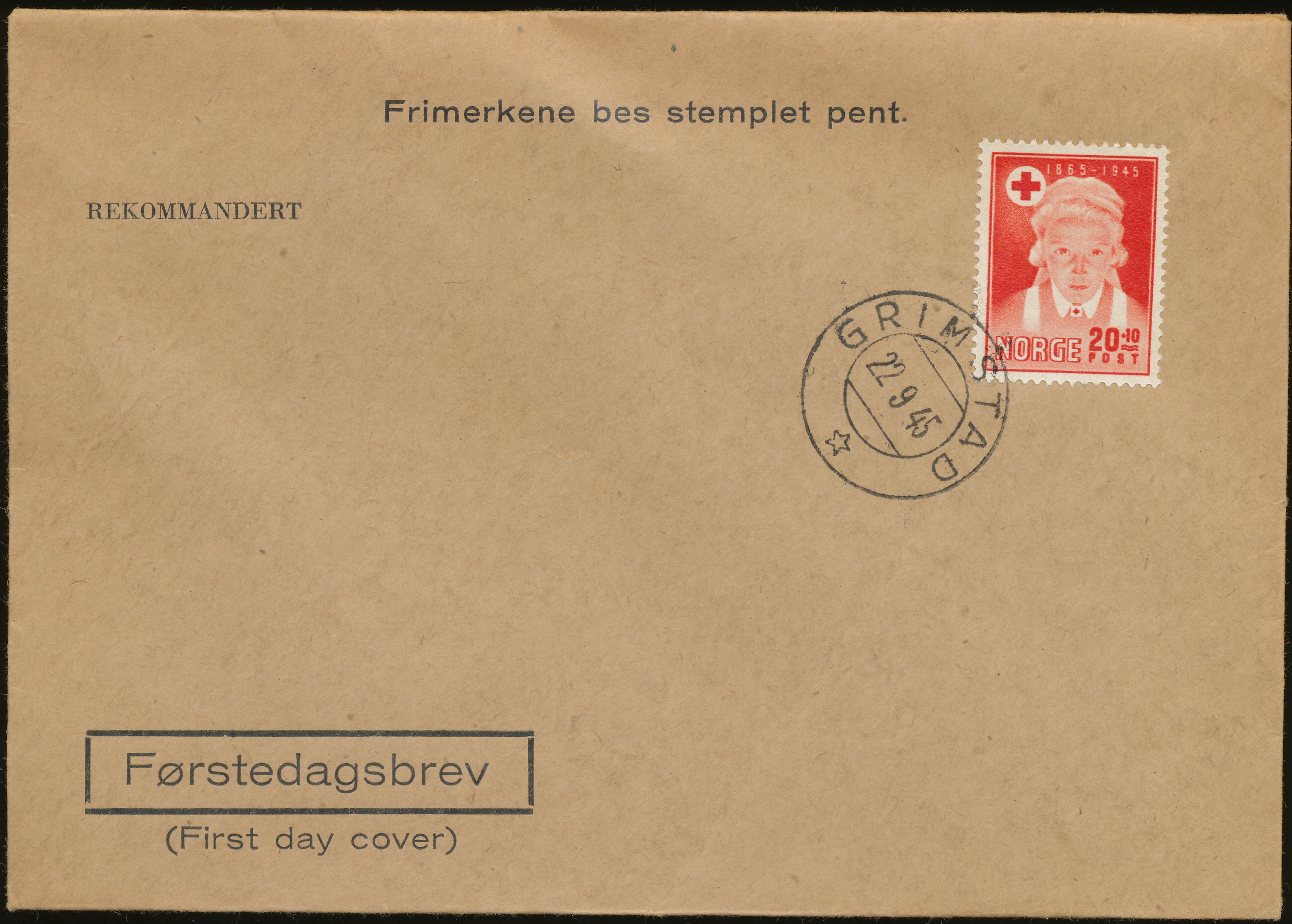 FDC 1945 NK342 tekstvignett 1 Grimstad