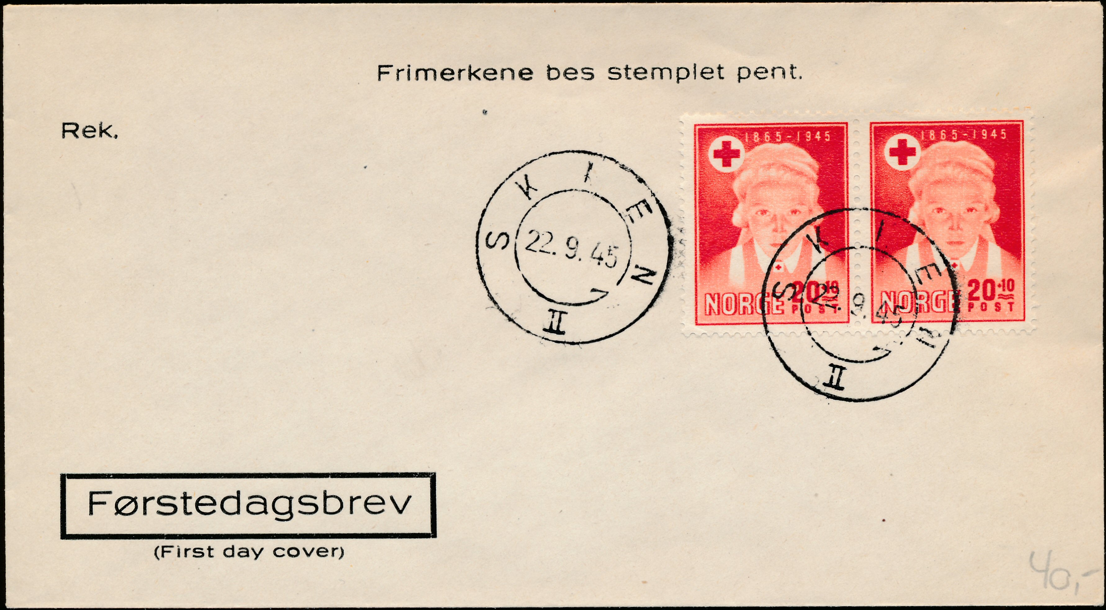 FDC 1945 NK342 tekstvignett 3 Skien
