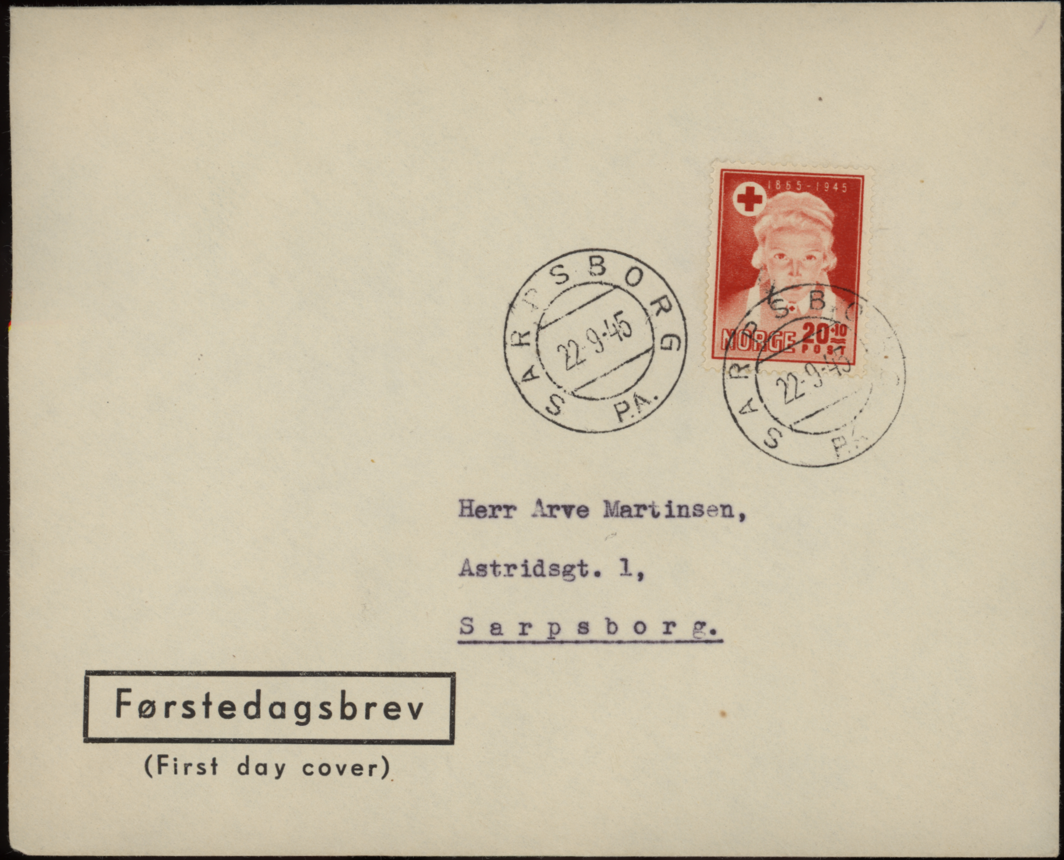 FDC 1945 NK342 tekstvignett 4 Sarpsborg