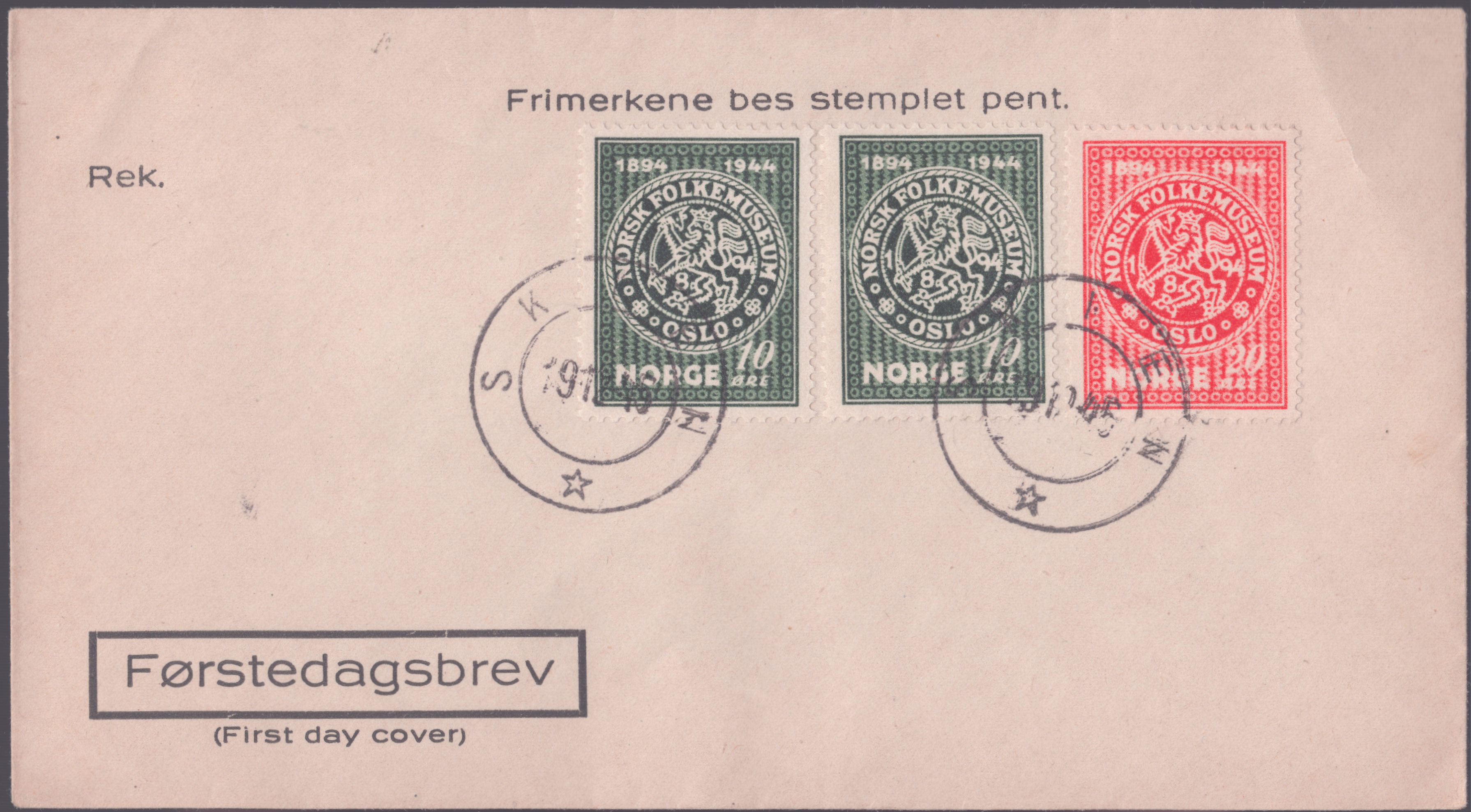 FDC 1945 NK343-NK344 tekstvignett 3 Skien