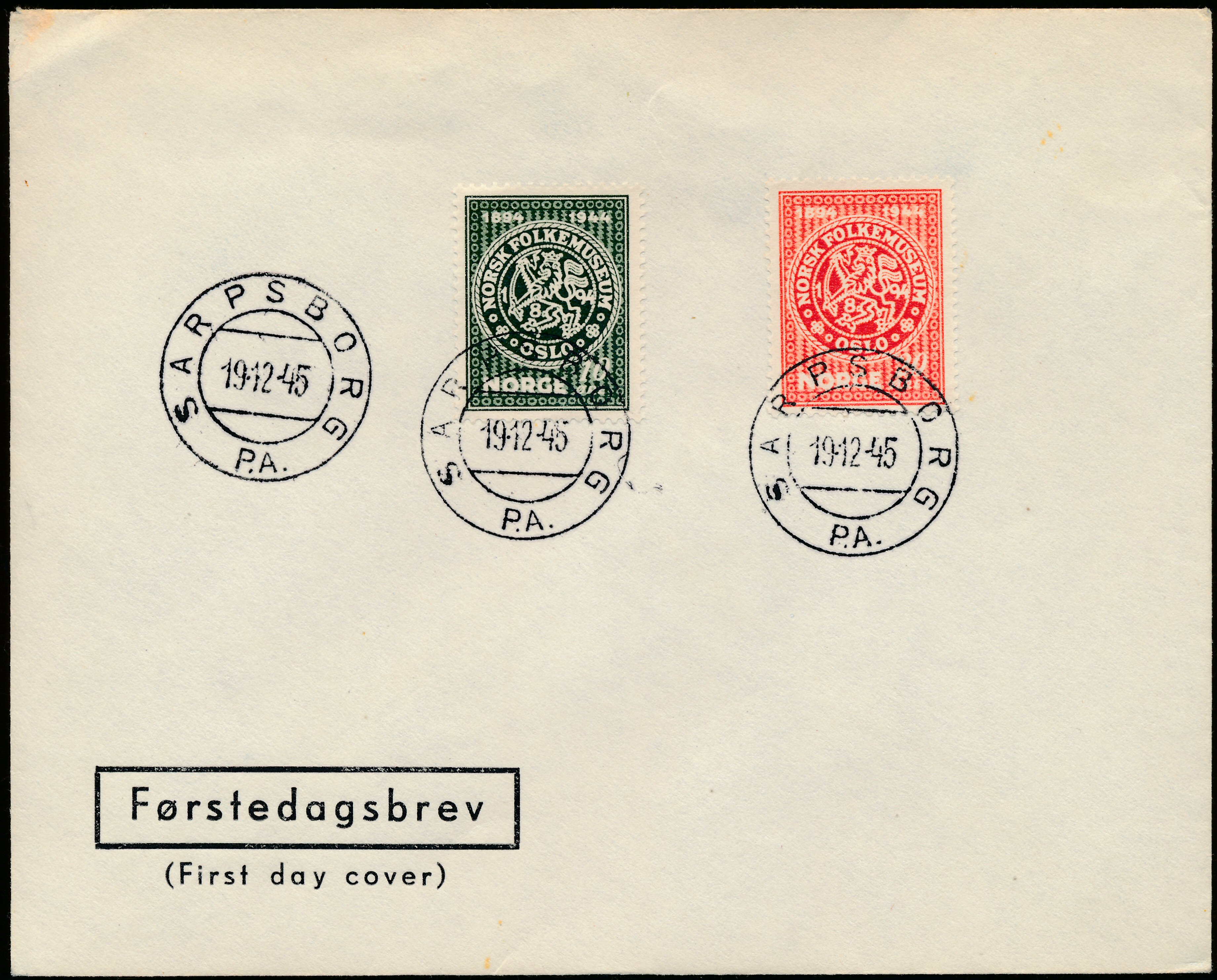 FDC 1945 NK343-NK344 tekstvignett 4 Sarpsborg