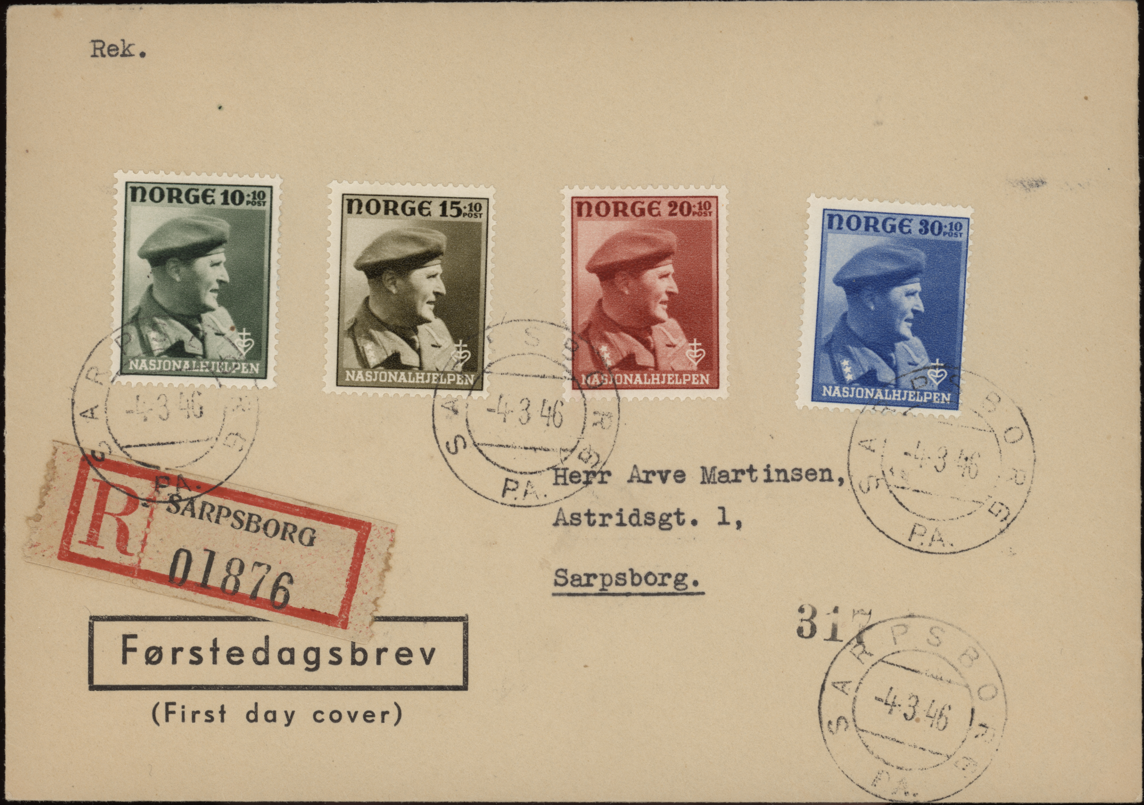 FDC 1946 NK345-NK348 tekstvignett 3 Sarpsborg REK