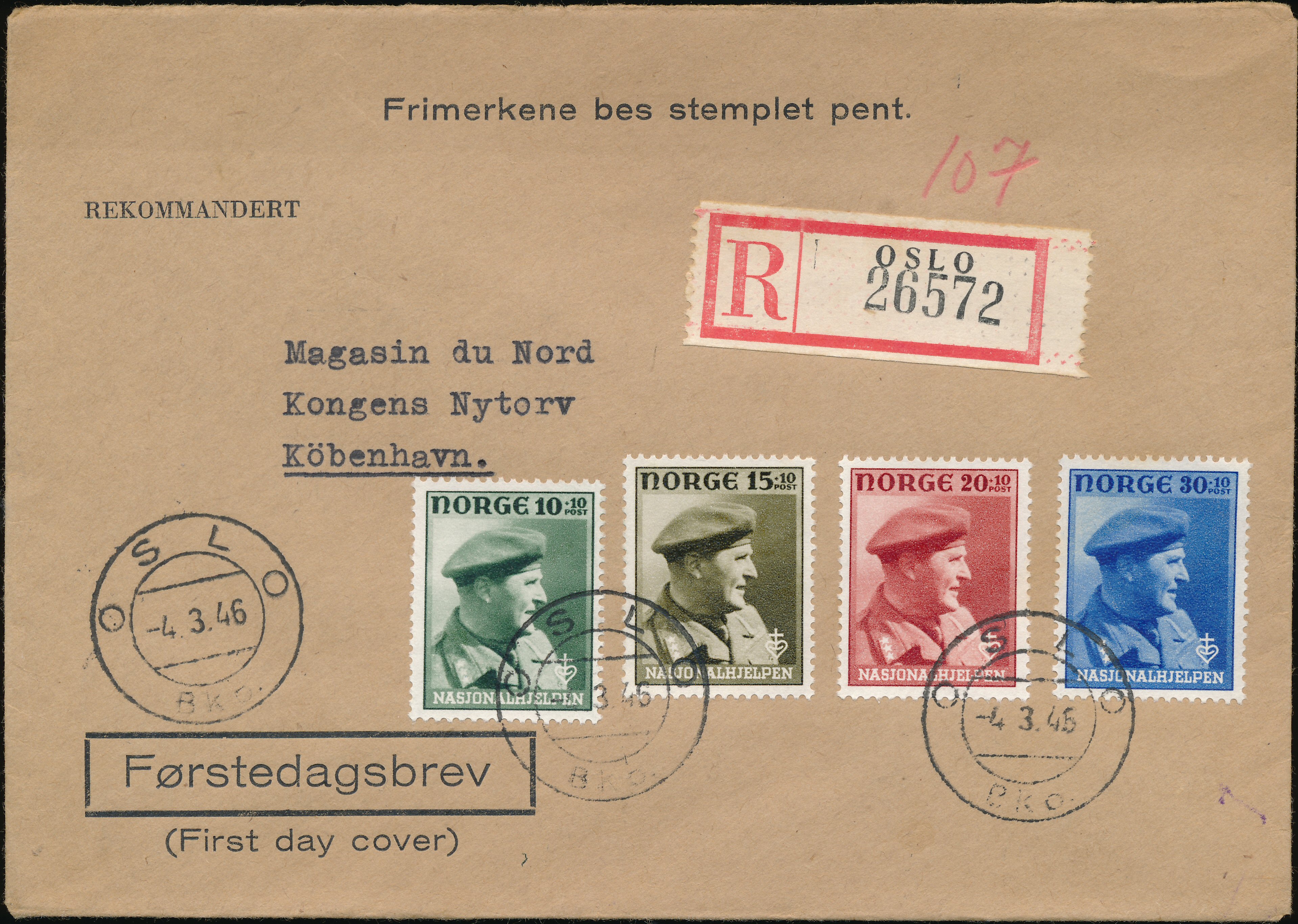 FDC 1946 NK345-NK348 tekstvignett 4 Oslo REK