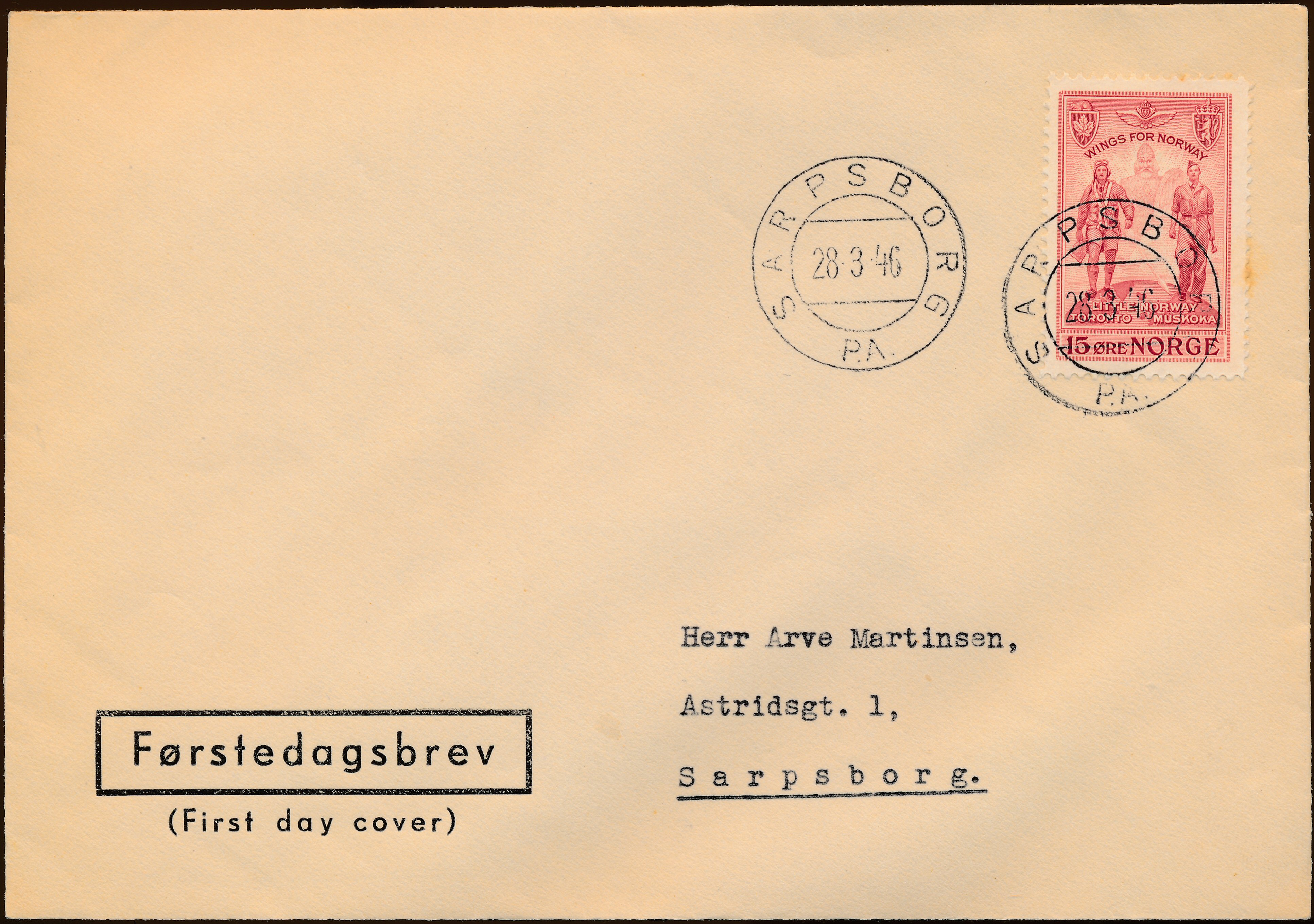 FDC 1946 NK349 tekstvignett 2 Sarpsborg