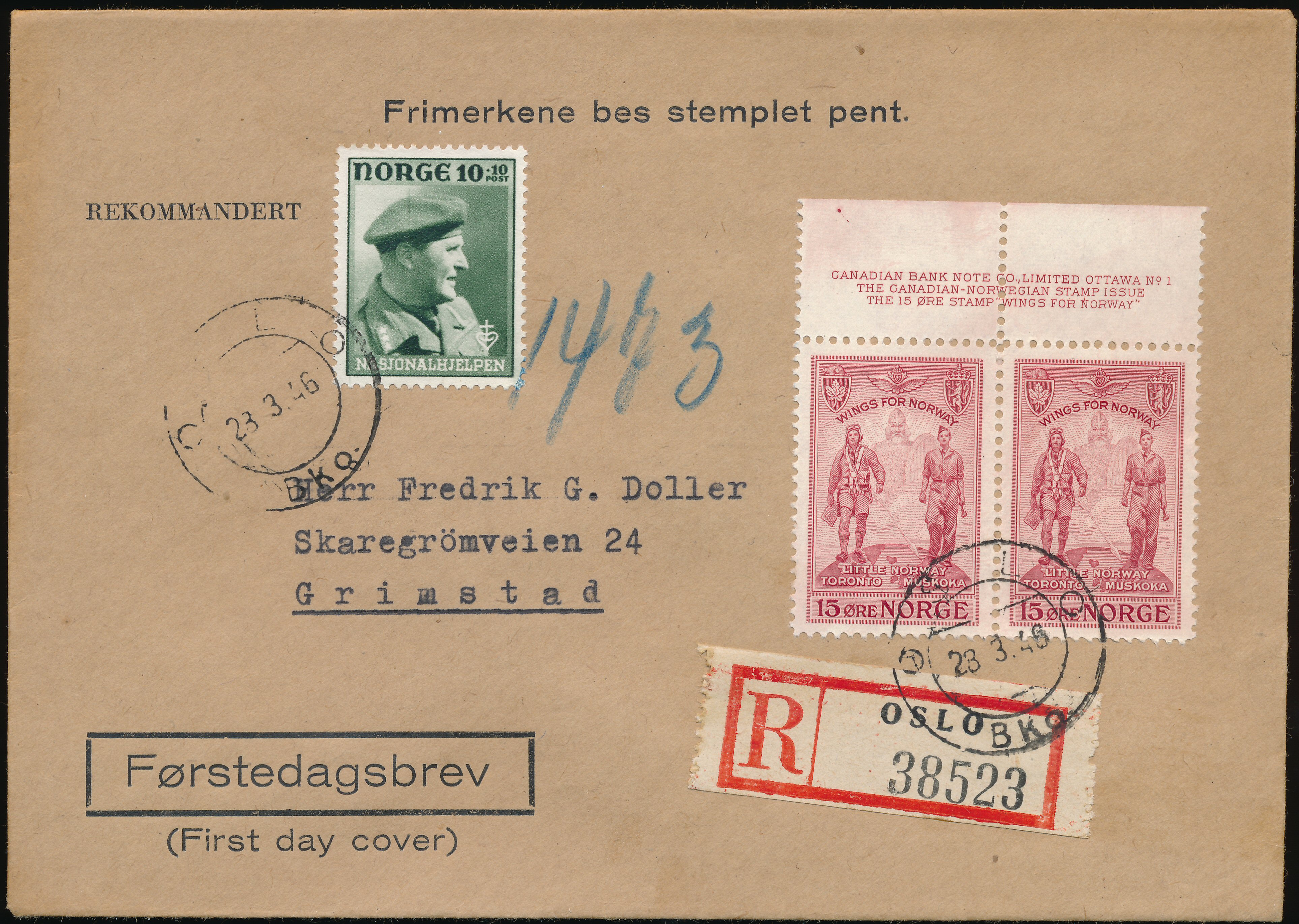 FDC 1946 NK349 tekstvignett 3 Oslo REK