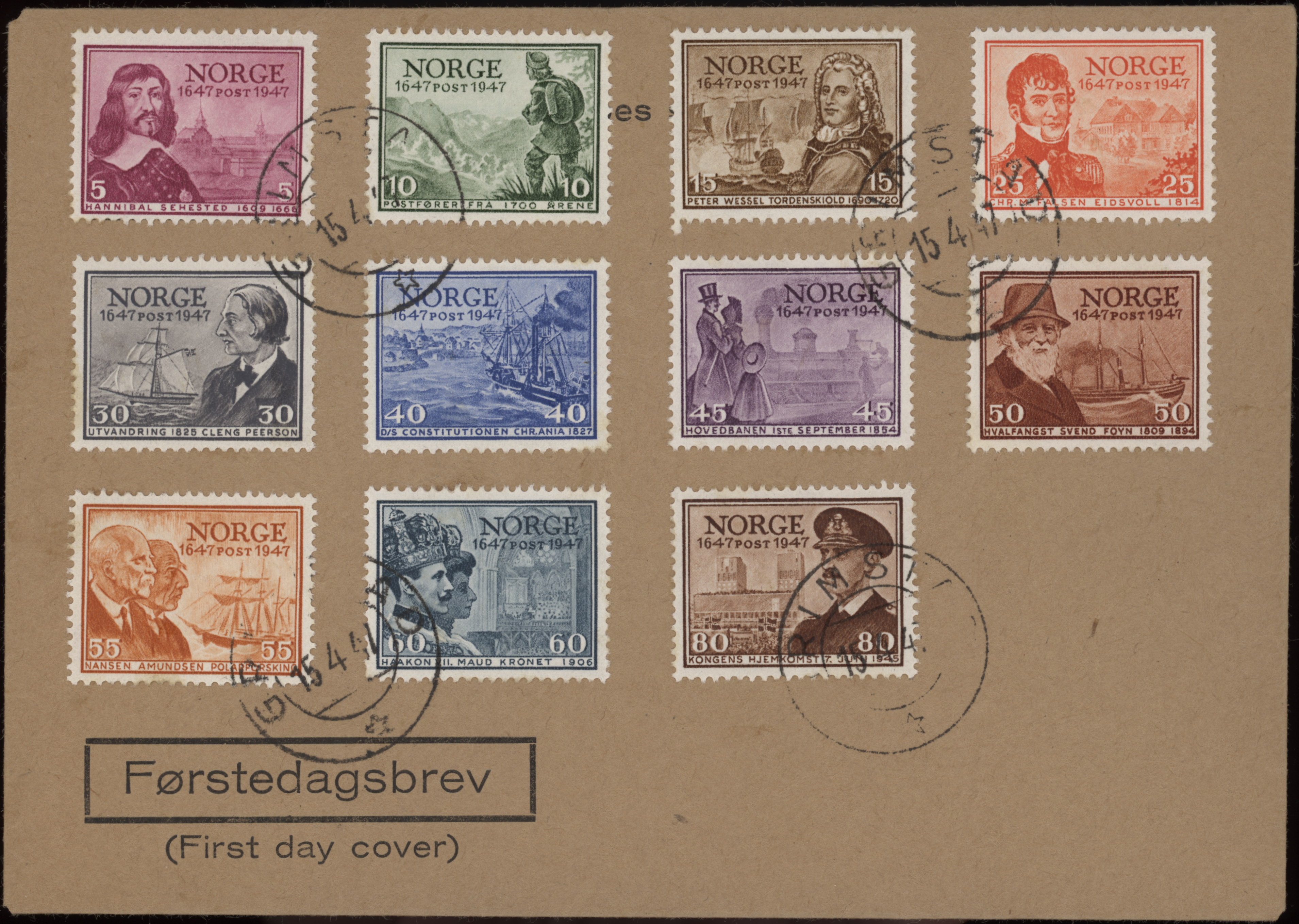 FDC 1947 NK359-NK369 tekstvignett 1 Grimstad