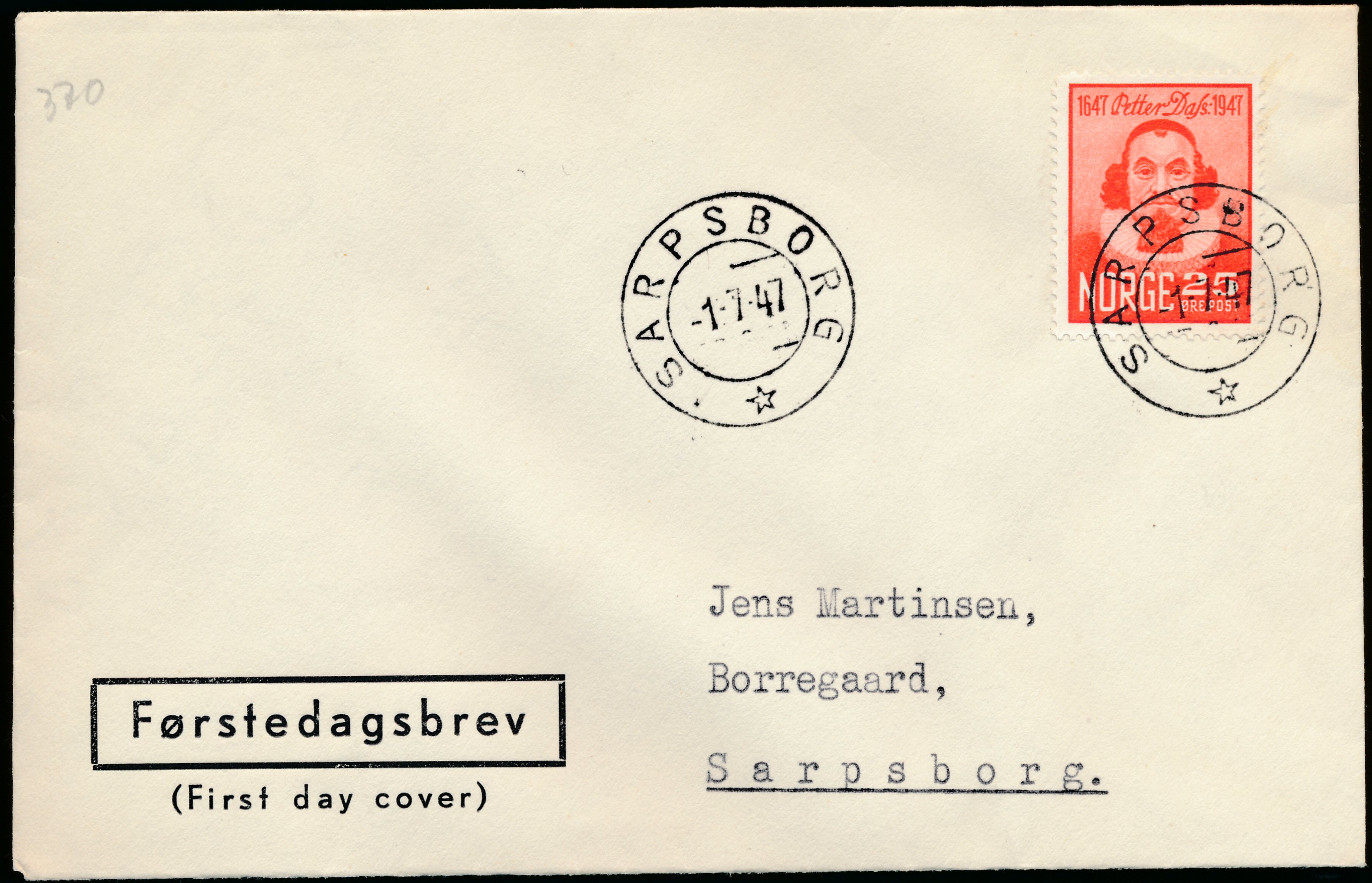 FDC 1947 NK370 tekstvignett 3 Sarpsborg