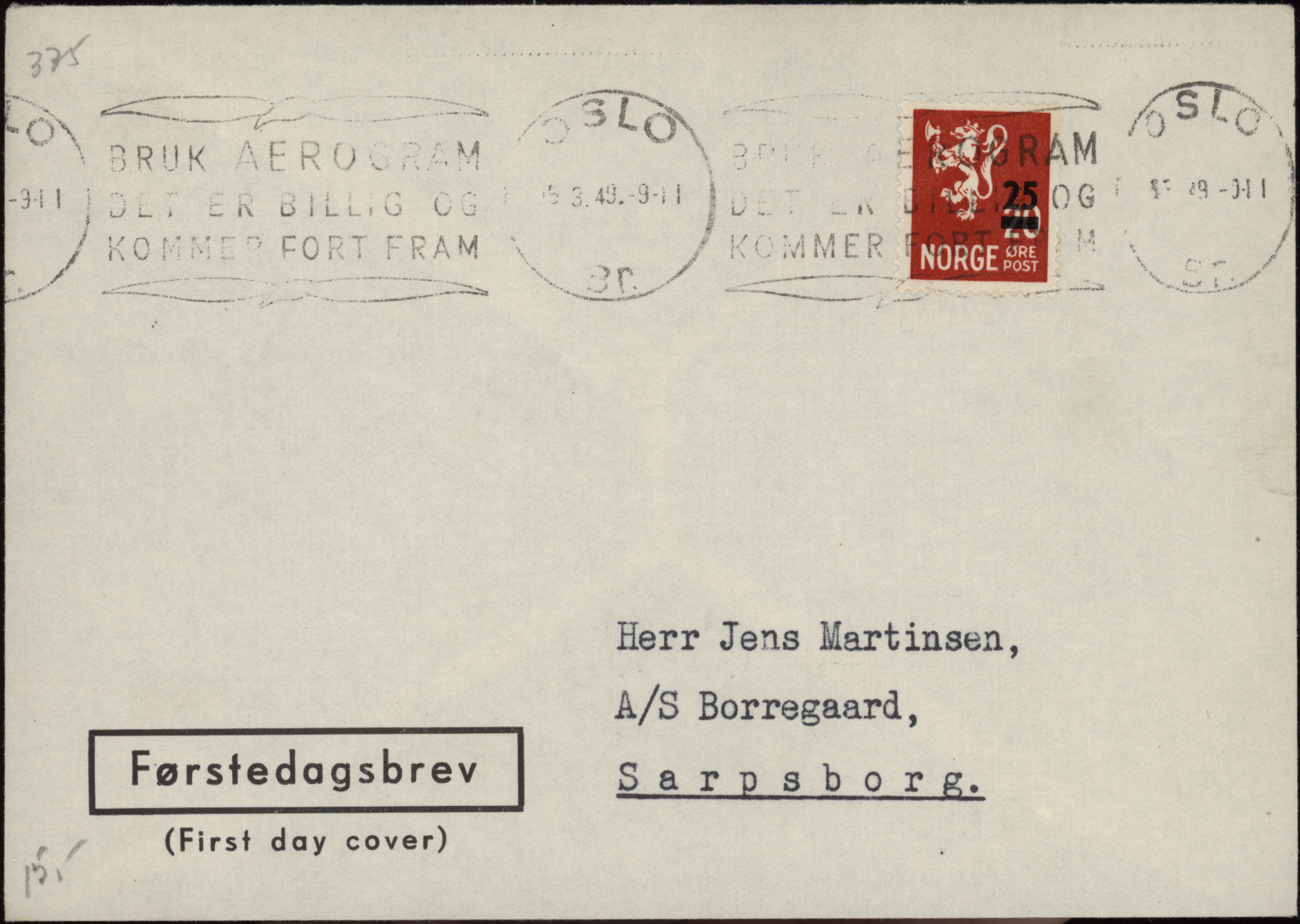 FDC 1949 NK375 tekstvignett 2 Oslo