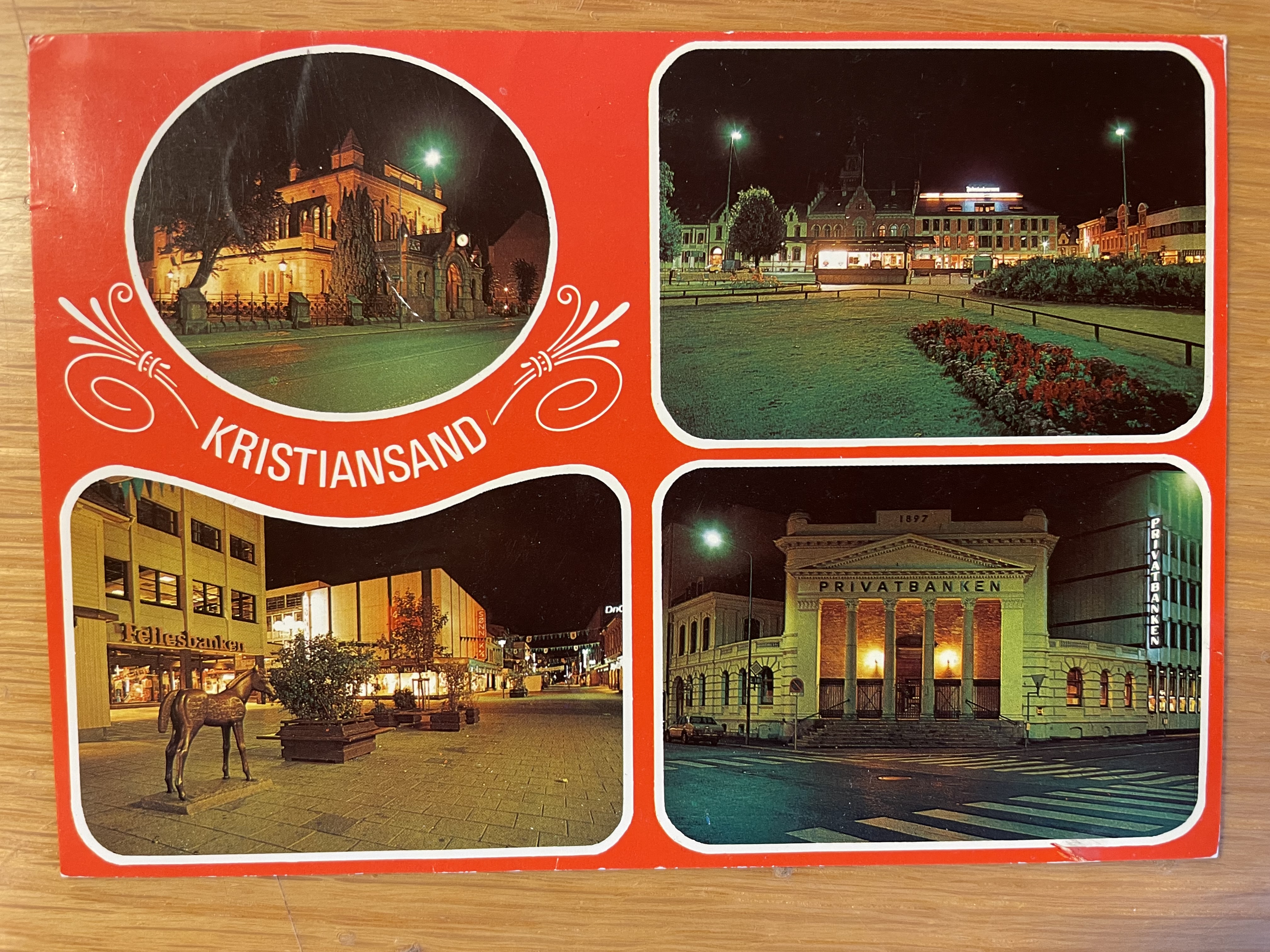 Kristiansand ved natt ; poststemplet 4752 Hamresanden 4-8-89