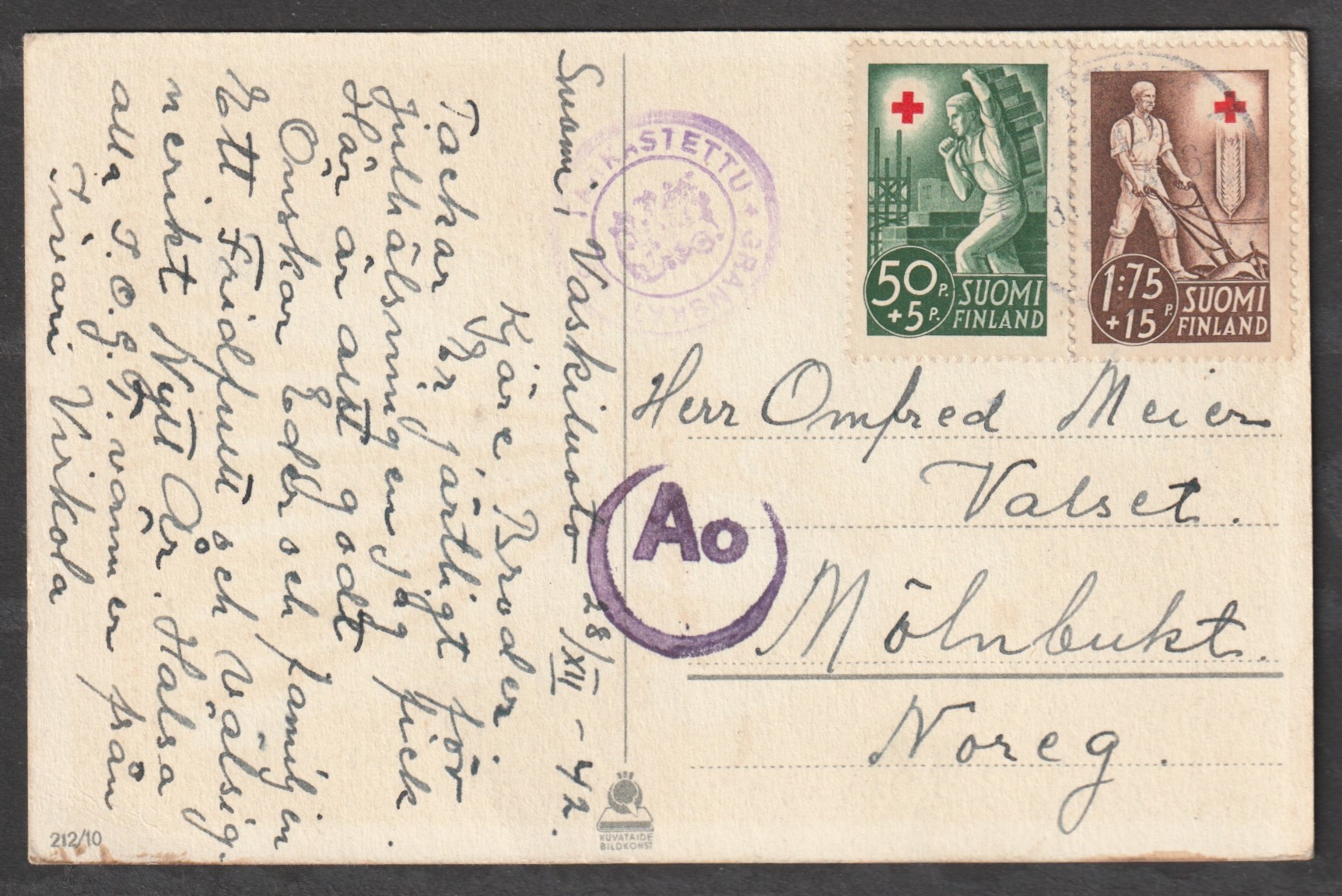 Finland AFA 240-241 på Ao-sensurert kort til Norge 1942