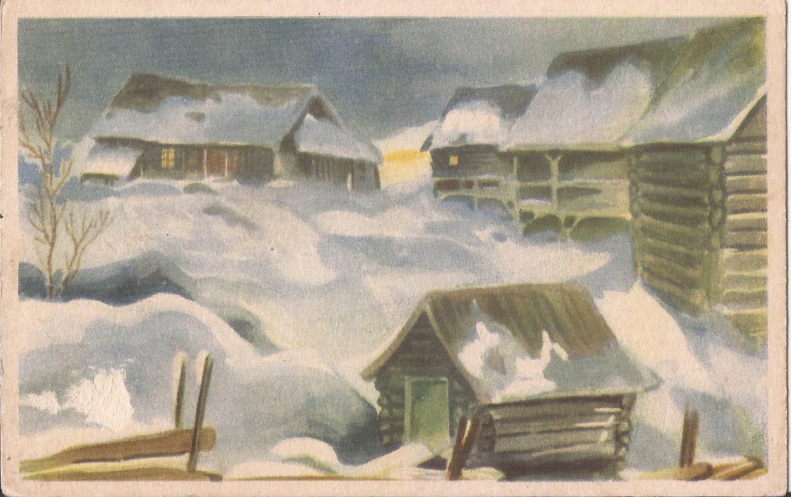 Postkort - Gård på vinter -