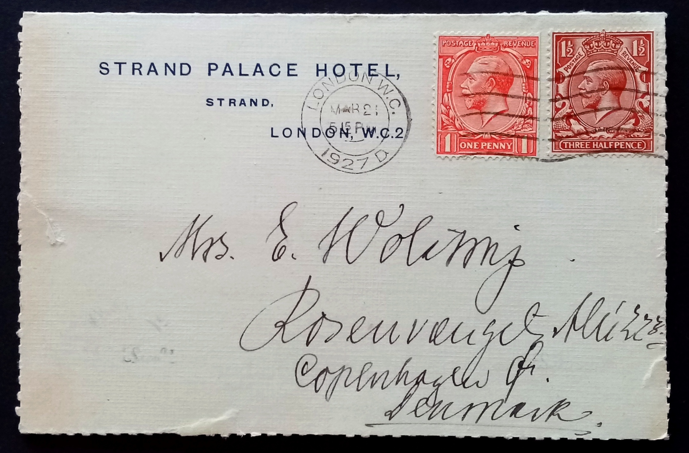 Brev - Strand Palace Hotel - LONDON. MAR.21. 1927