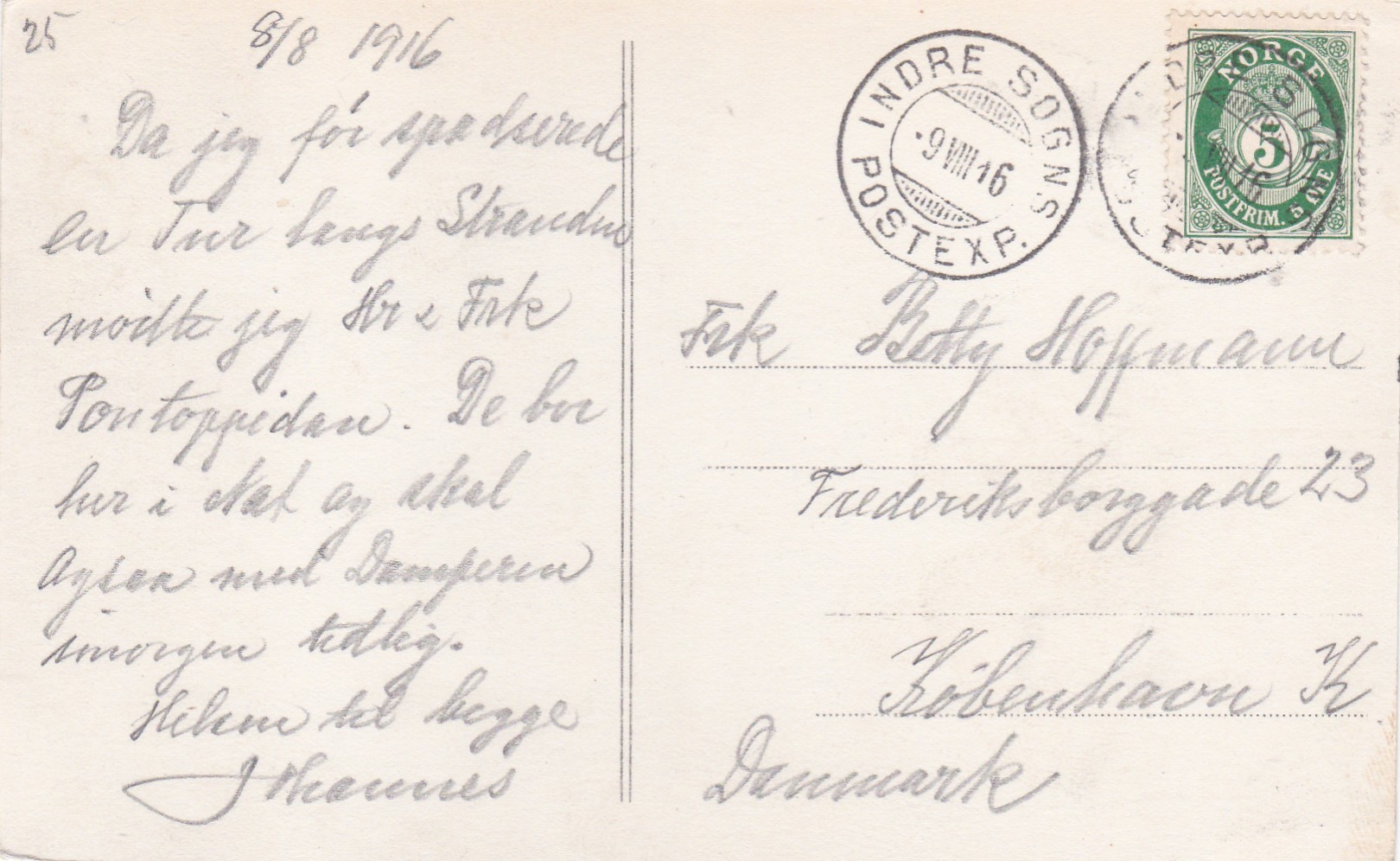 Kort stp INDRE SOGNS POSTEXP. 9 VIII 16 ( schw.stp)
