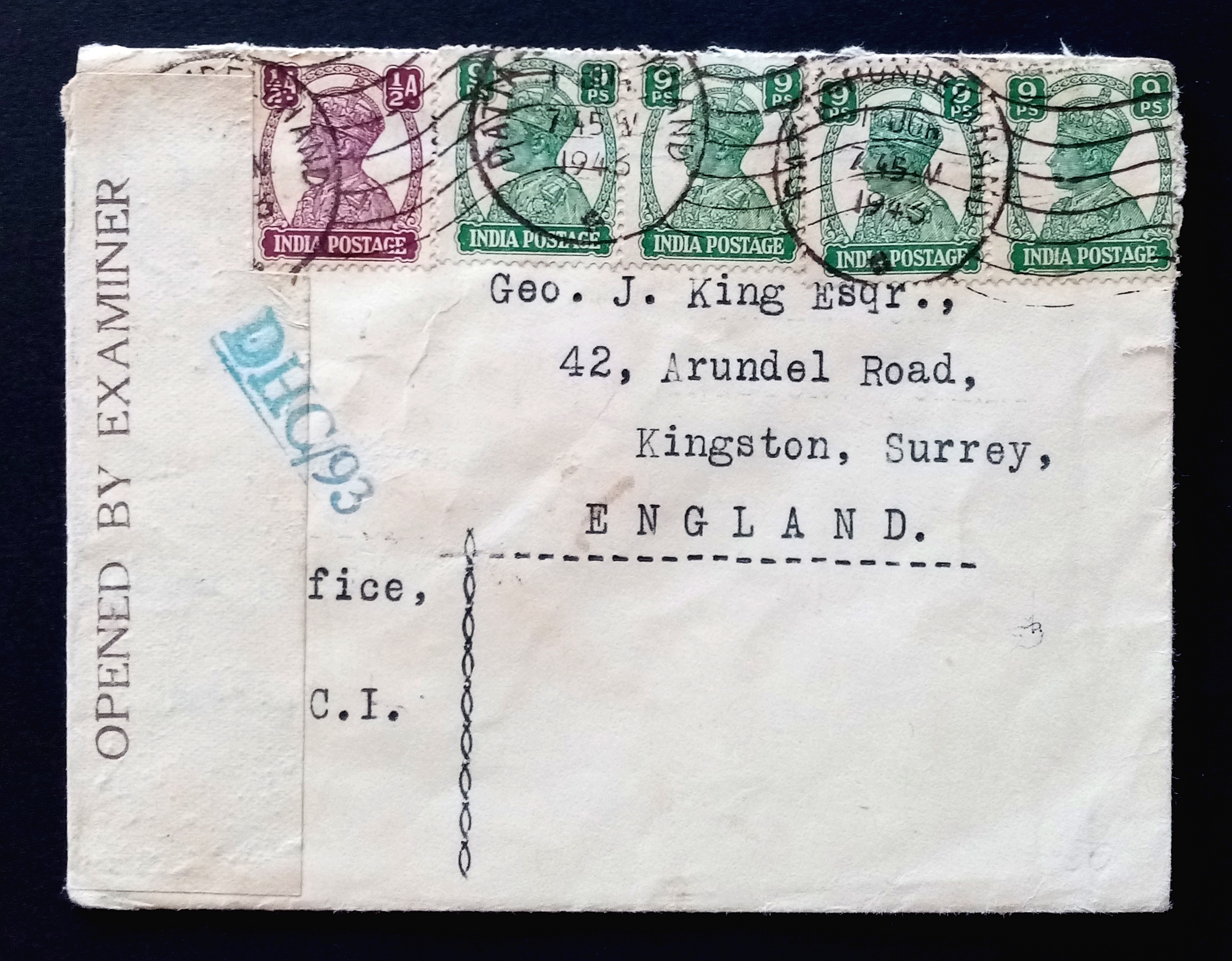 Brev -INDIA -  1.JUN. 1943. - m/ sensur åpnet.