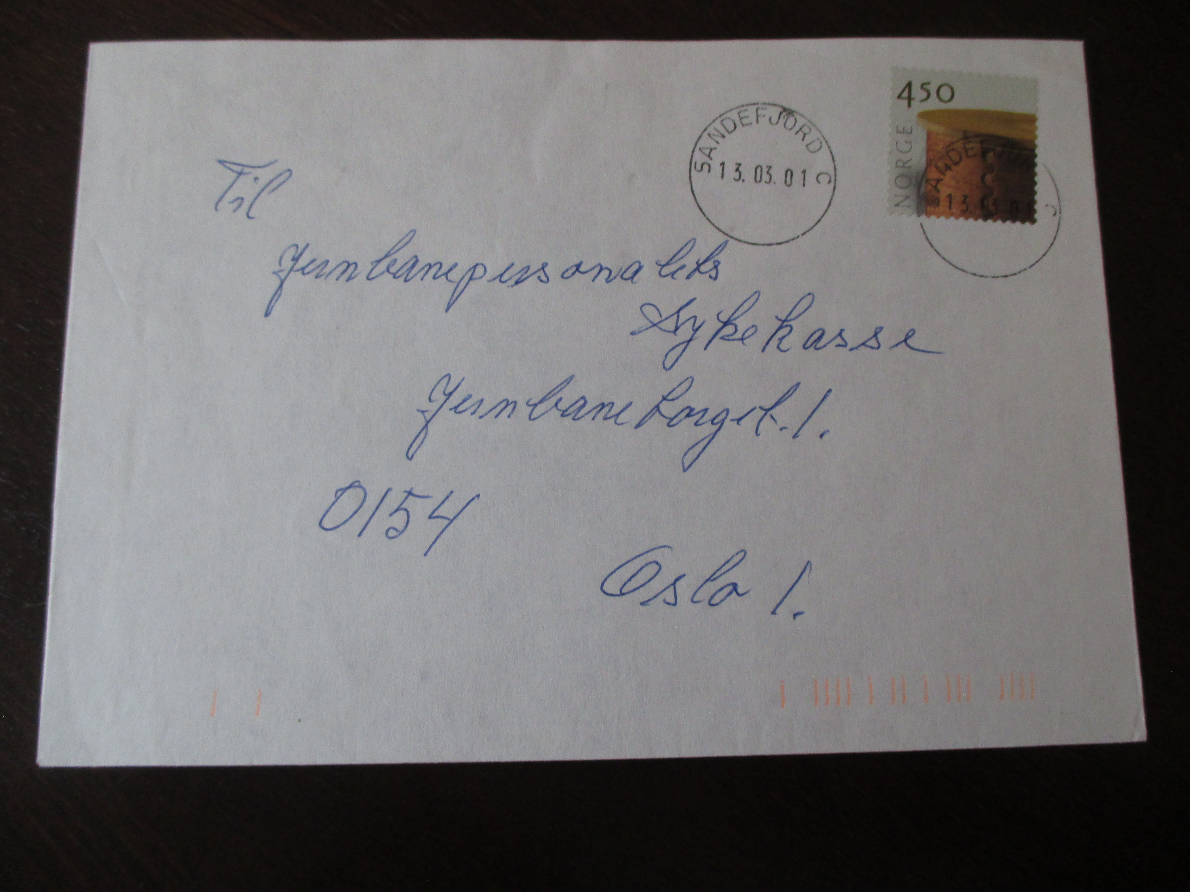 Brev st. Sandefjord C 13.03.2001. (I24 - uten postnummer)