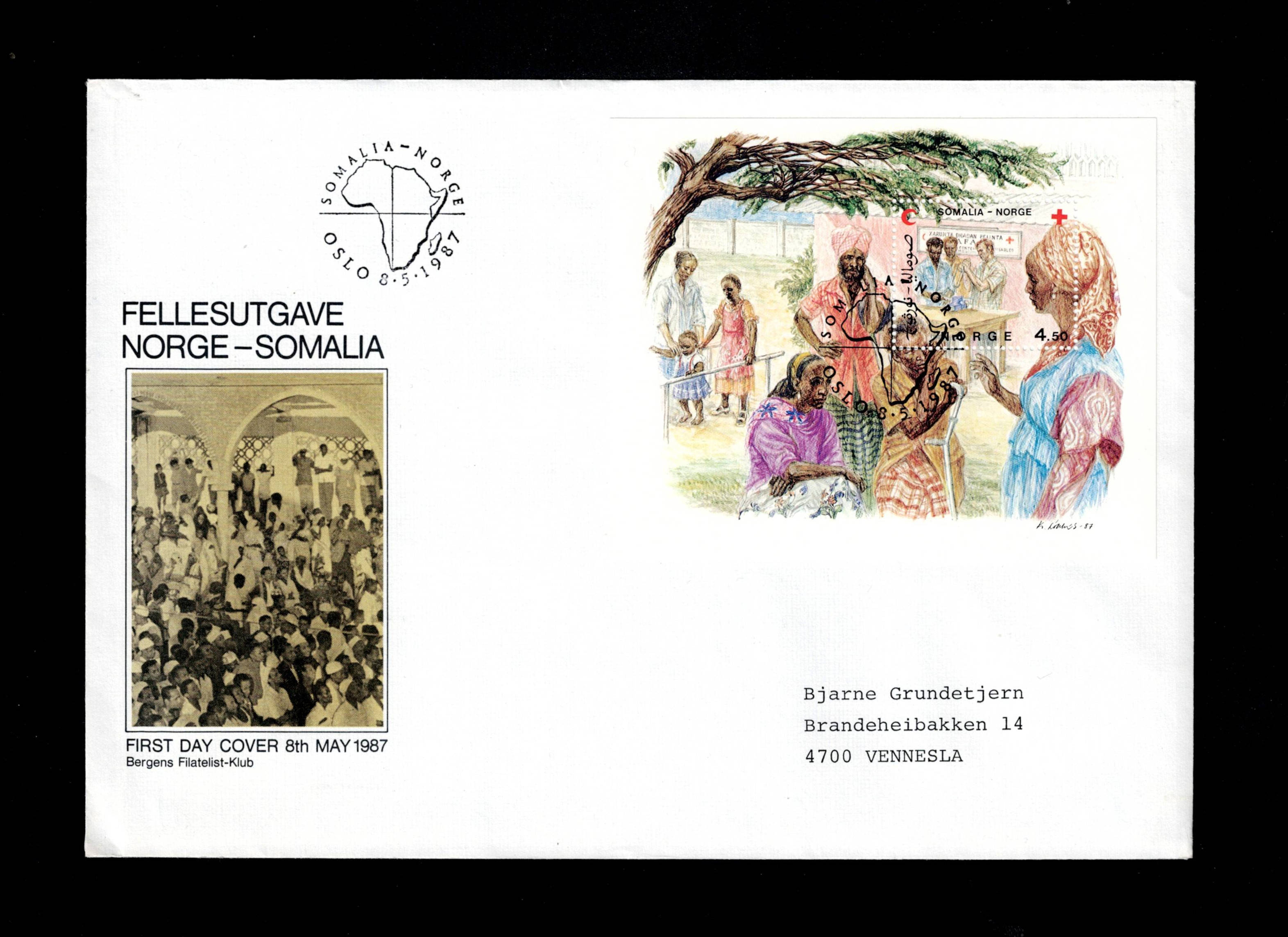 FDC 1987 NK1016 (BL6) Norge-Somalia vignet BFK