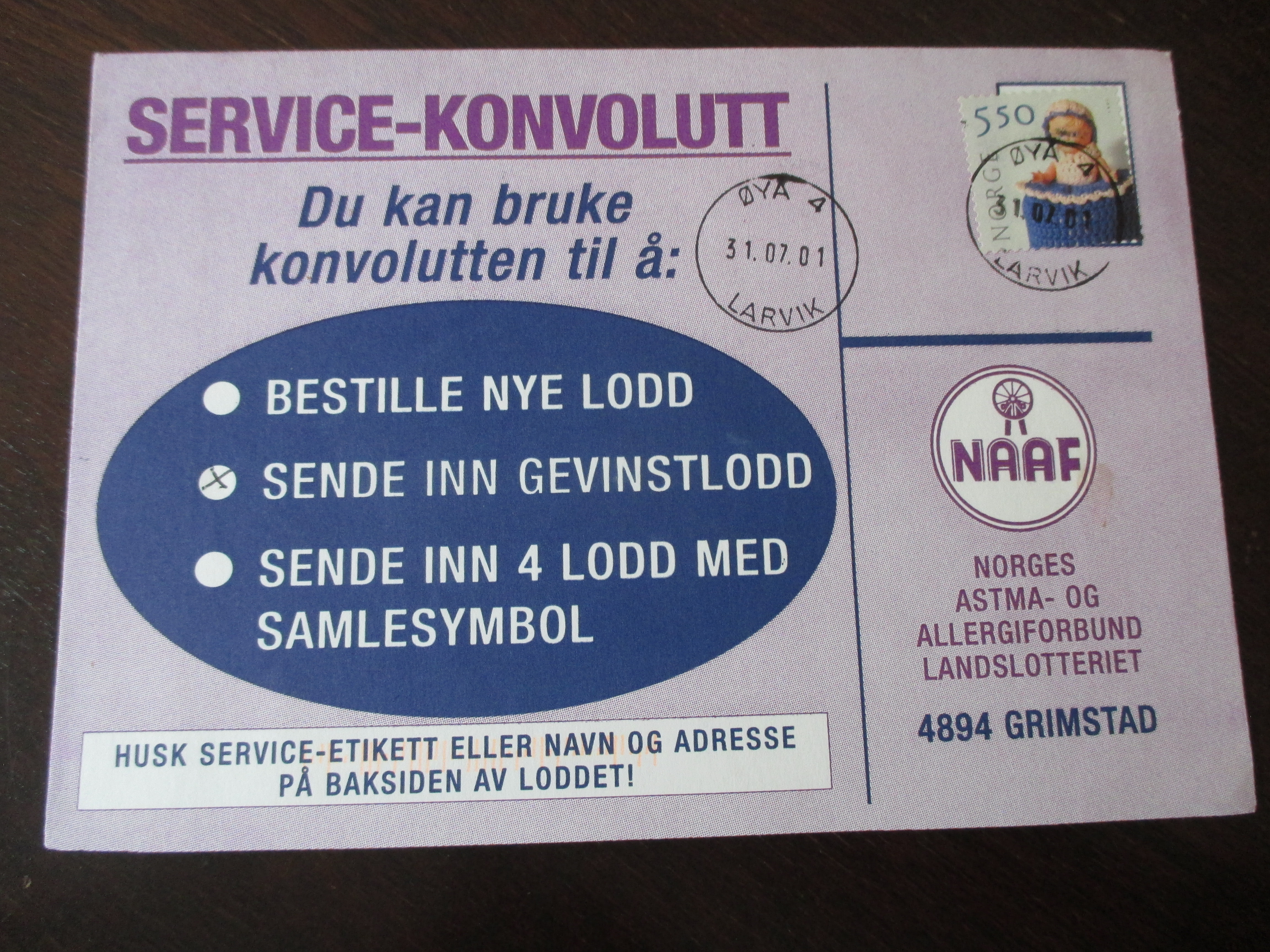 Brev st. Øya 4 Larvik 31.07.2001. (I24)
