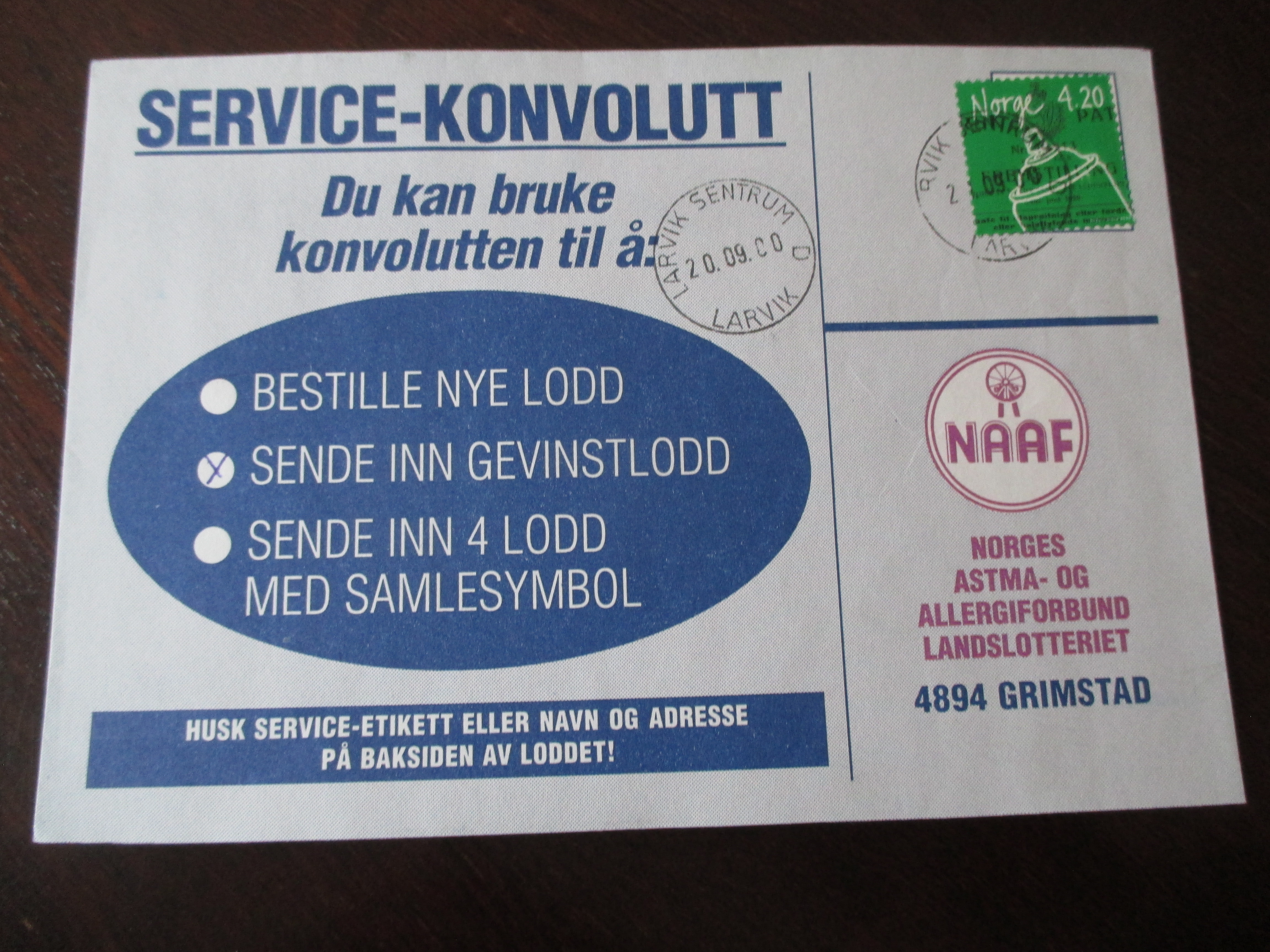 Brev st. Larvik Sentrum D 20.09.2000. (I24)