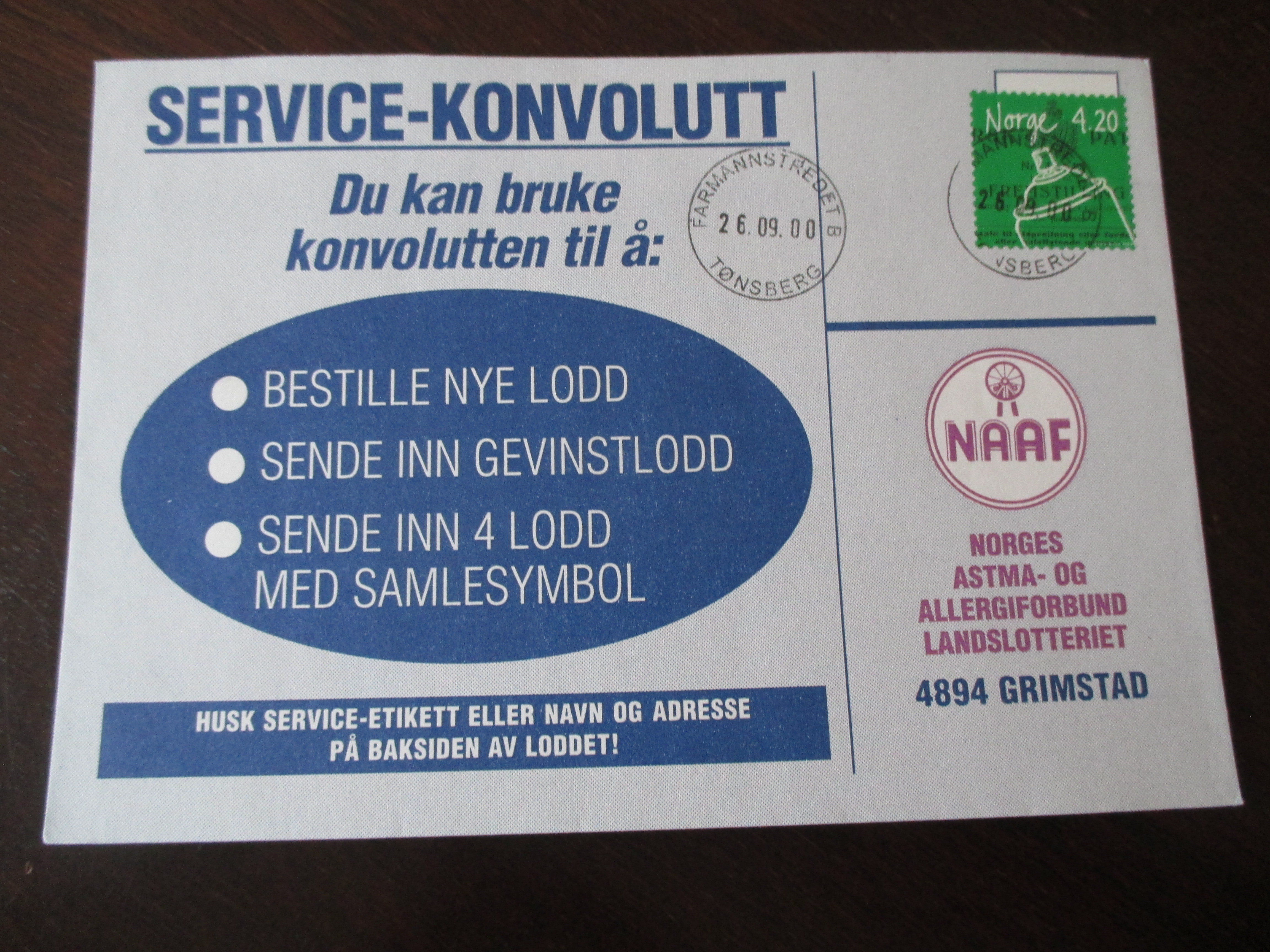 Brev st. Farmannstredet B Tønsberg 26.09.2000. (I24)