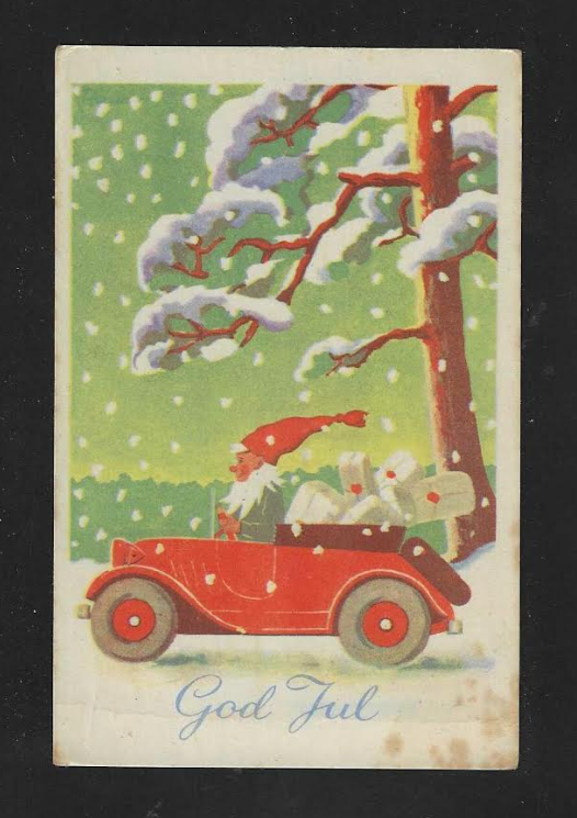 Nisse i bil med gaver Norsk arbeid 522 stmp 1947