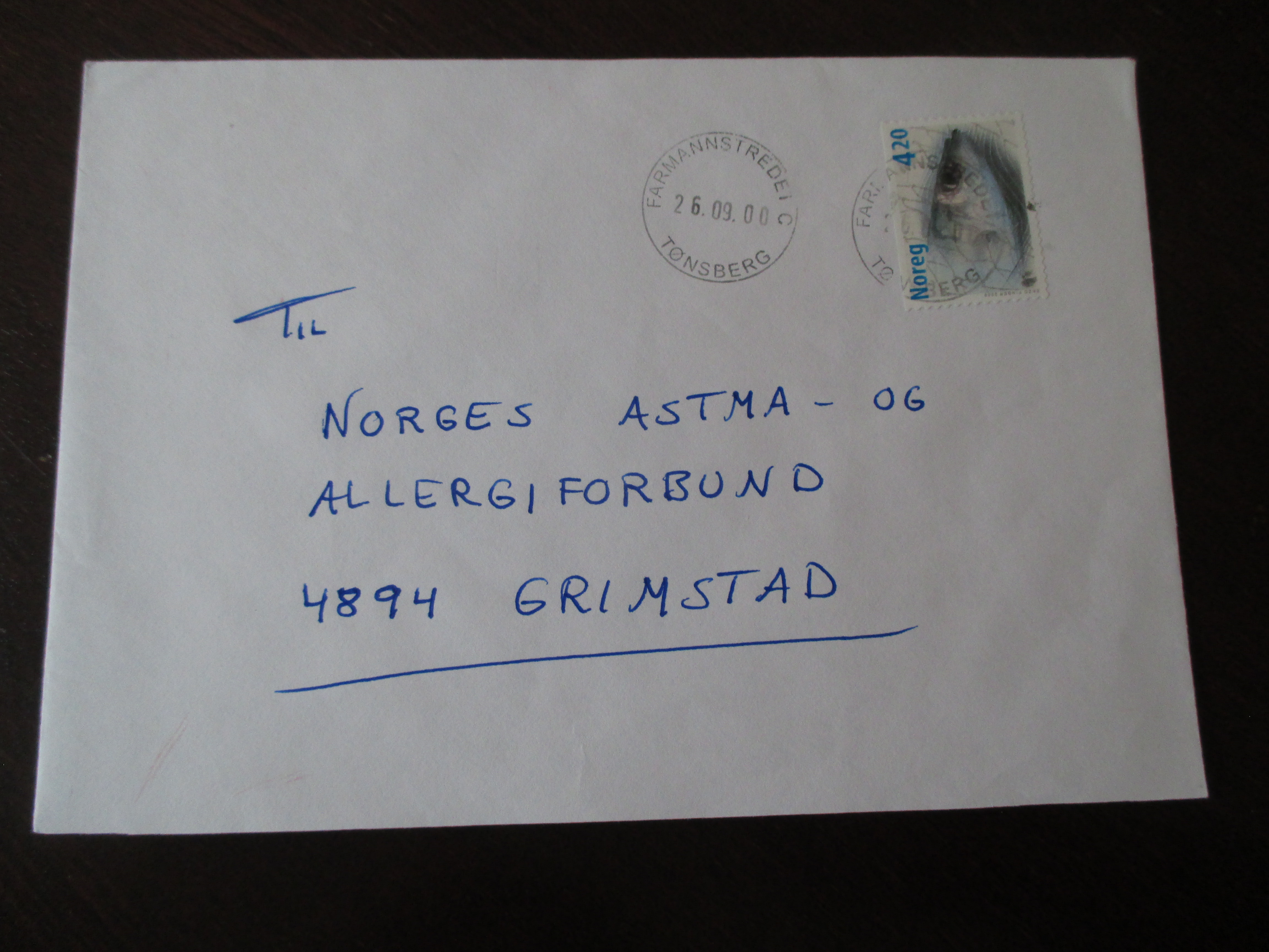 Brev st. Farmannstredet C Tønsberg 26.09.2000. (I24)