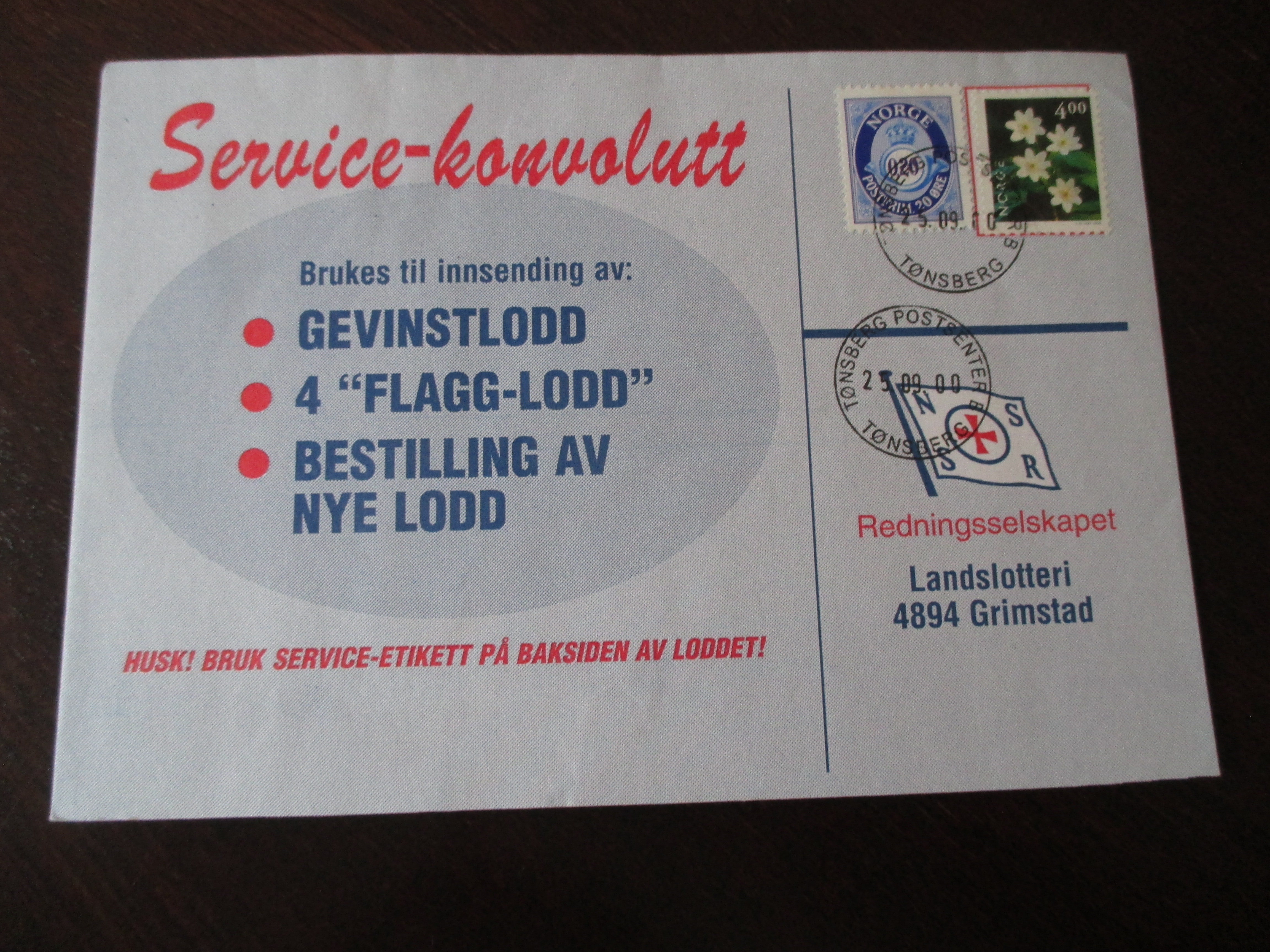 Brev st. Tønsberg Postsenter B 25.09.2000. (I24)