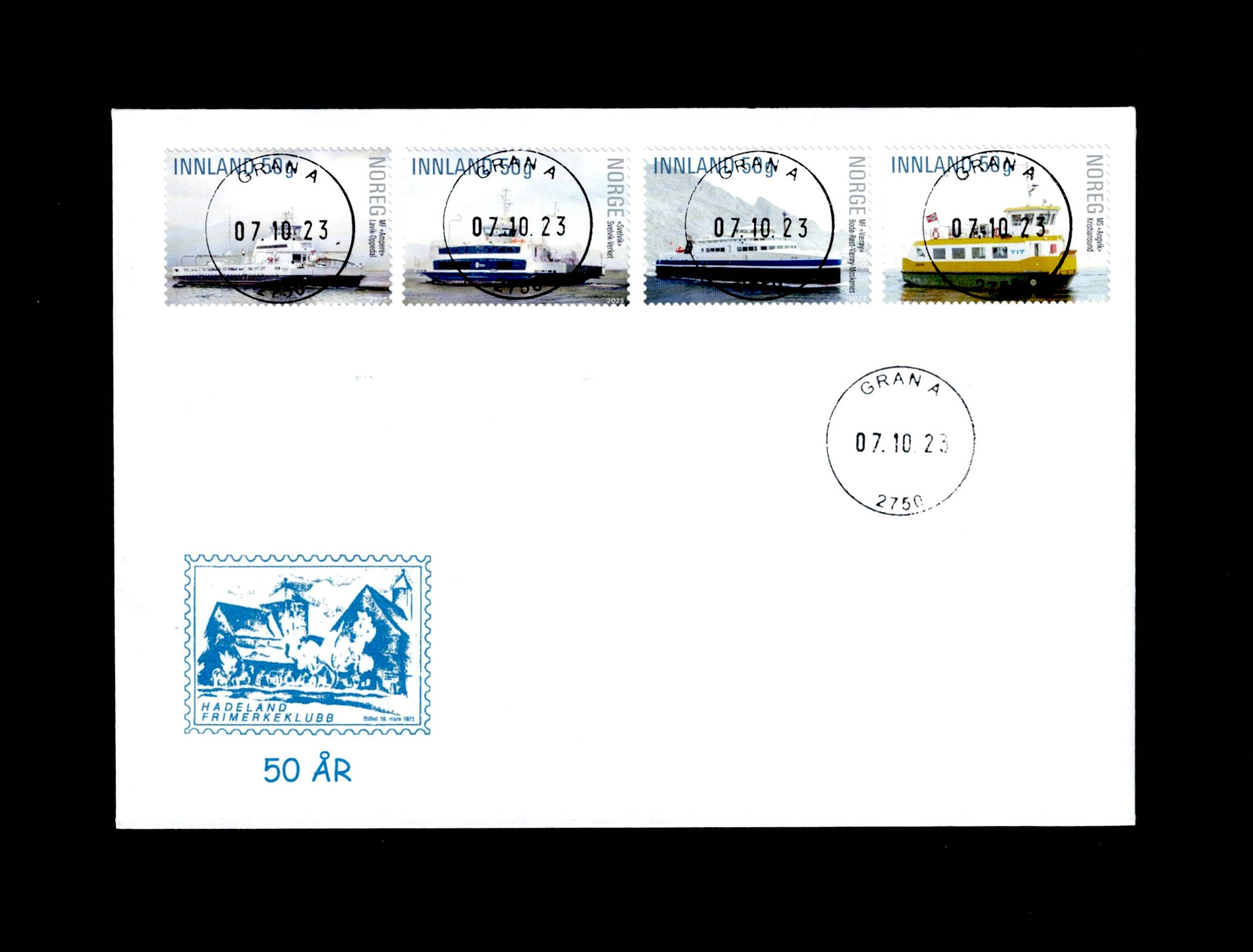 FDC 2023 NK2105-08 Ferjer GRAN vignet HFK sjelden