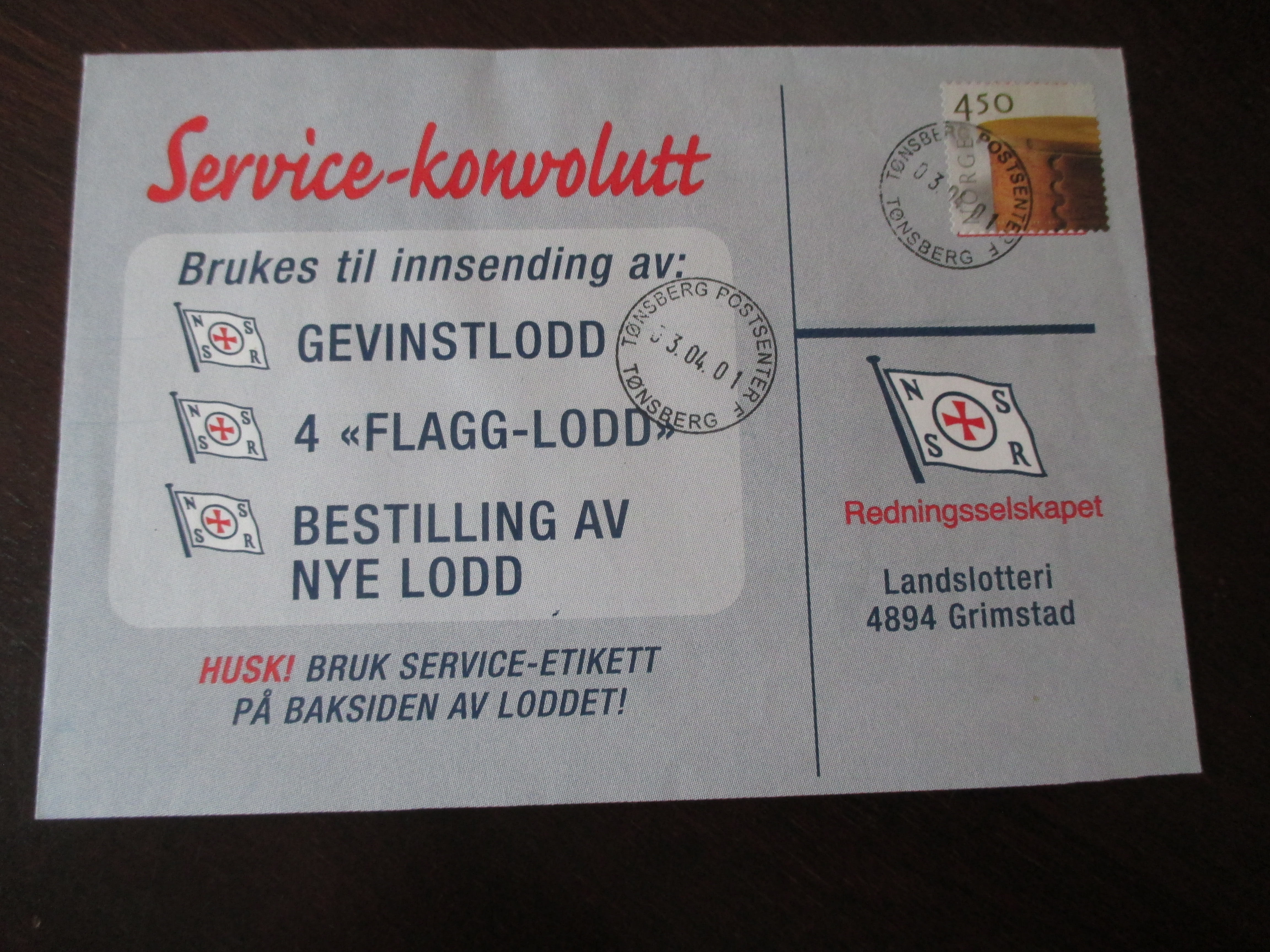 Brev st. Tønsberg Postsenter F 03.04.2001. (I24)