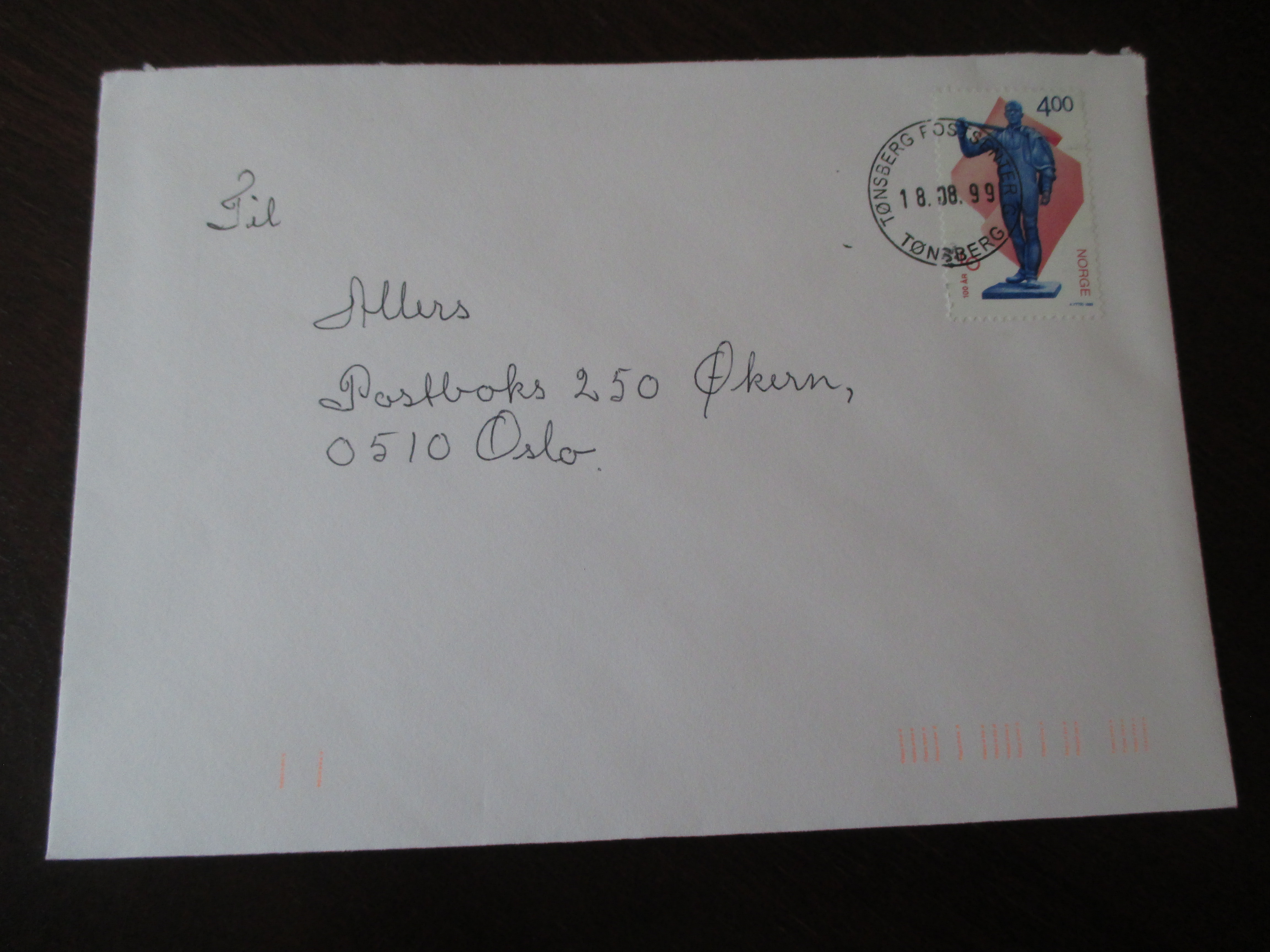 Brev st. Tønsberg Postsenter G 18.08.1999. (I24)