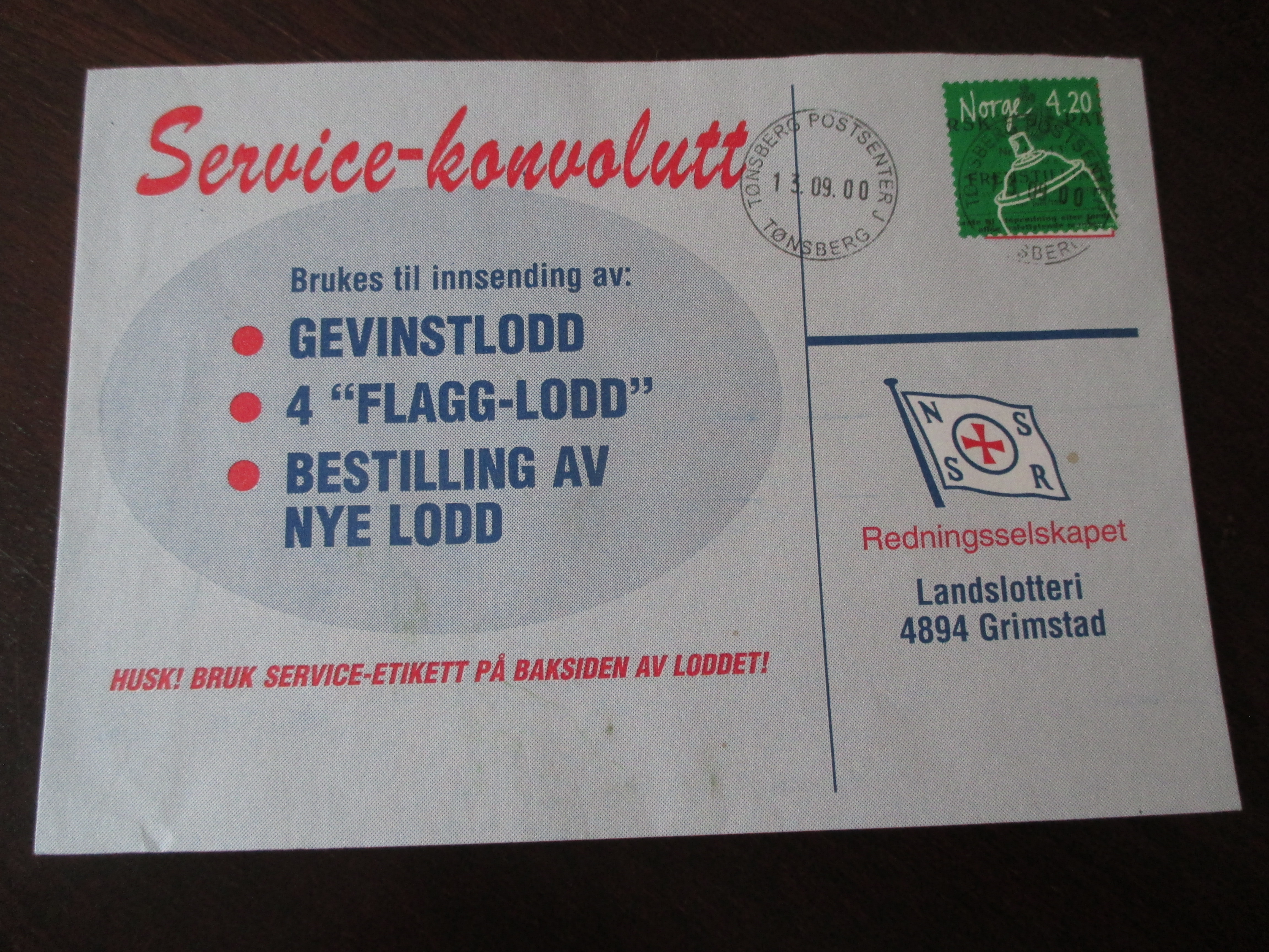 Brev st. Tønsberg Postsenter J 13.09.2000. (I24)
