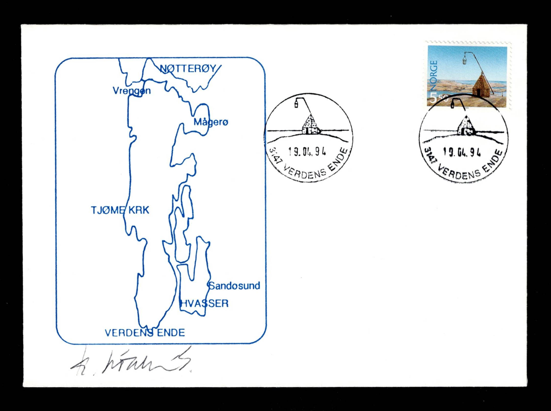 FDC 1994 NK1207 Verdens Ende vignet Tjøme FK signert