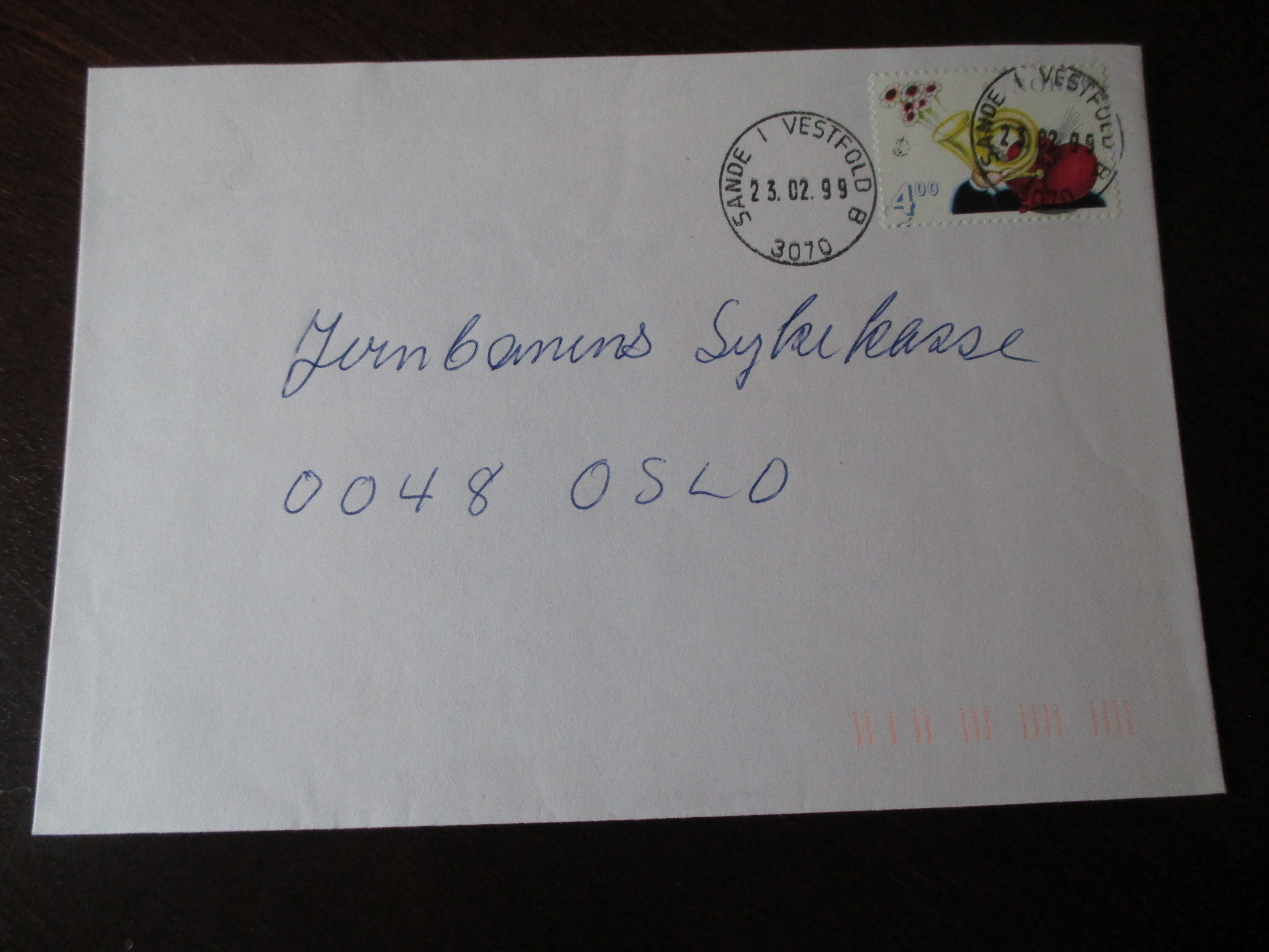 Brev st. Sande i Vestfold B 23.02.1999. (I24N)