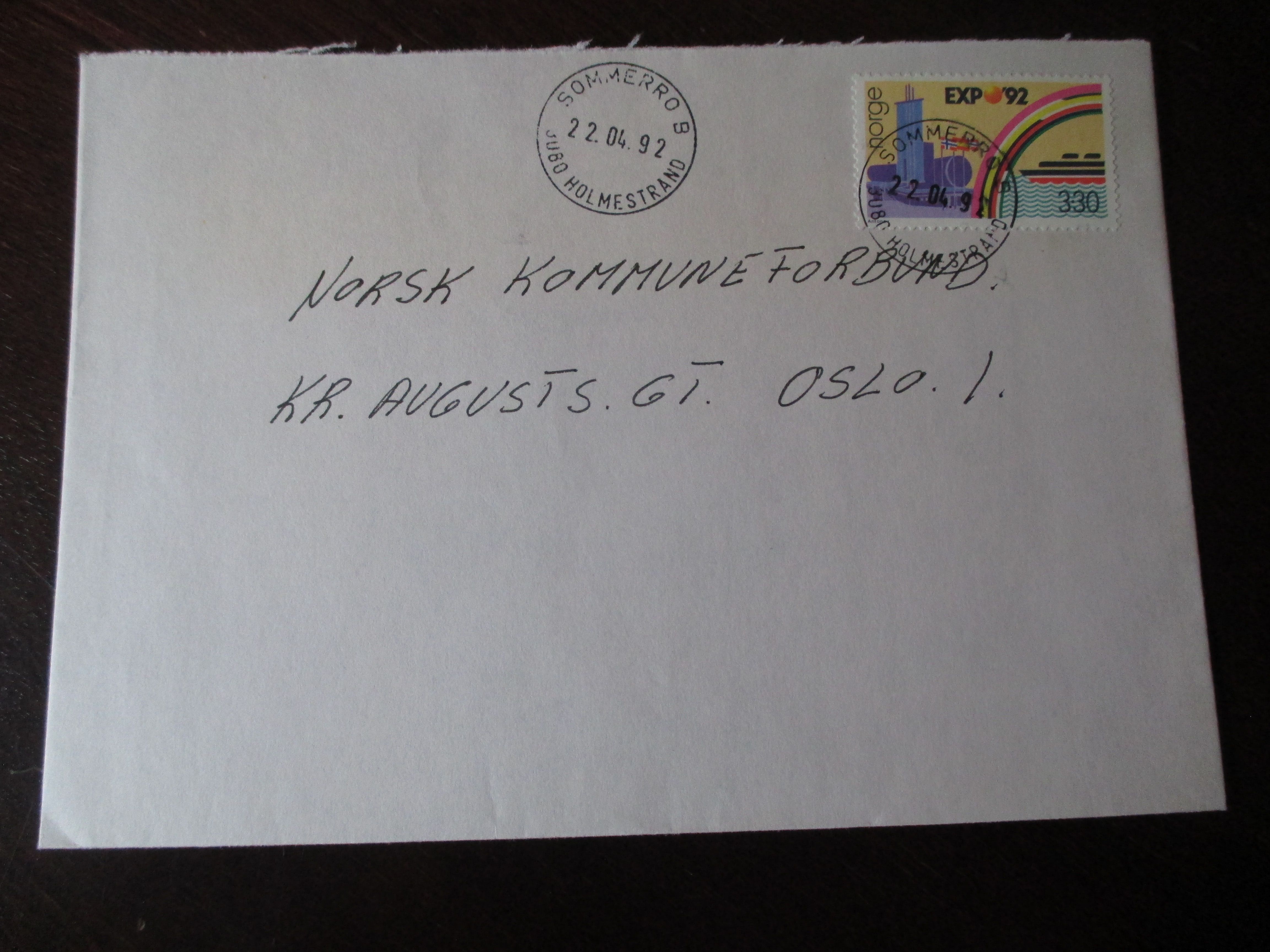 Brev st. Sommerro B Holmestrand 22.04.1992. (I24N)
