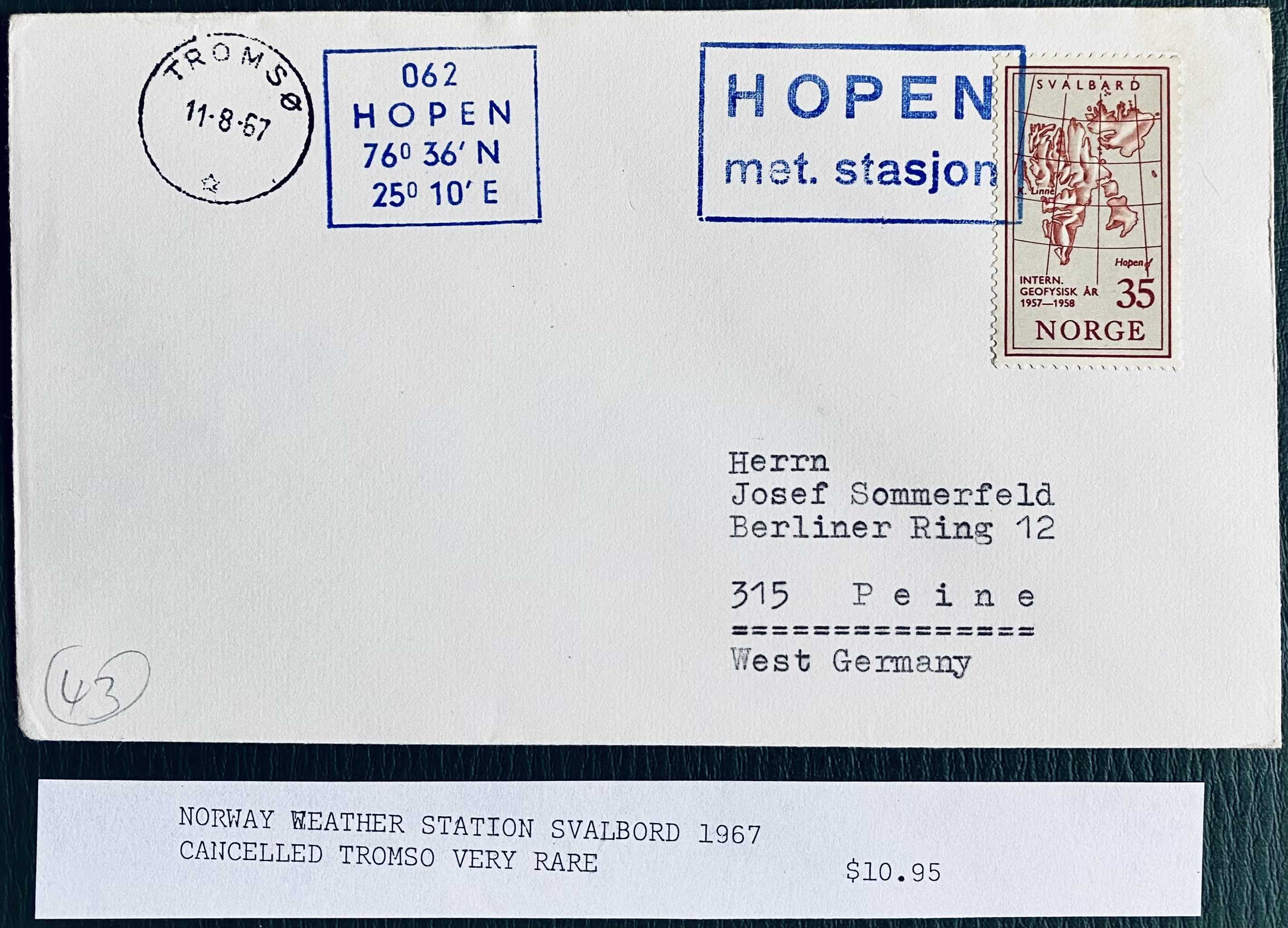 Brev St Hopen Met. Stasjon Svalbard og St Tromsø 11-8-67