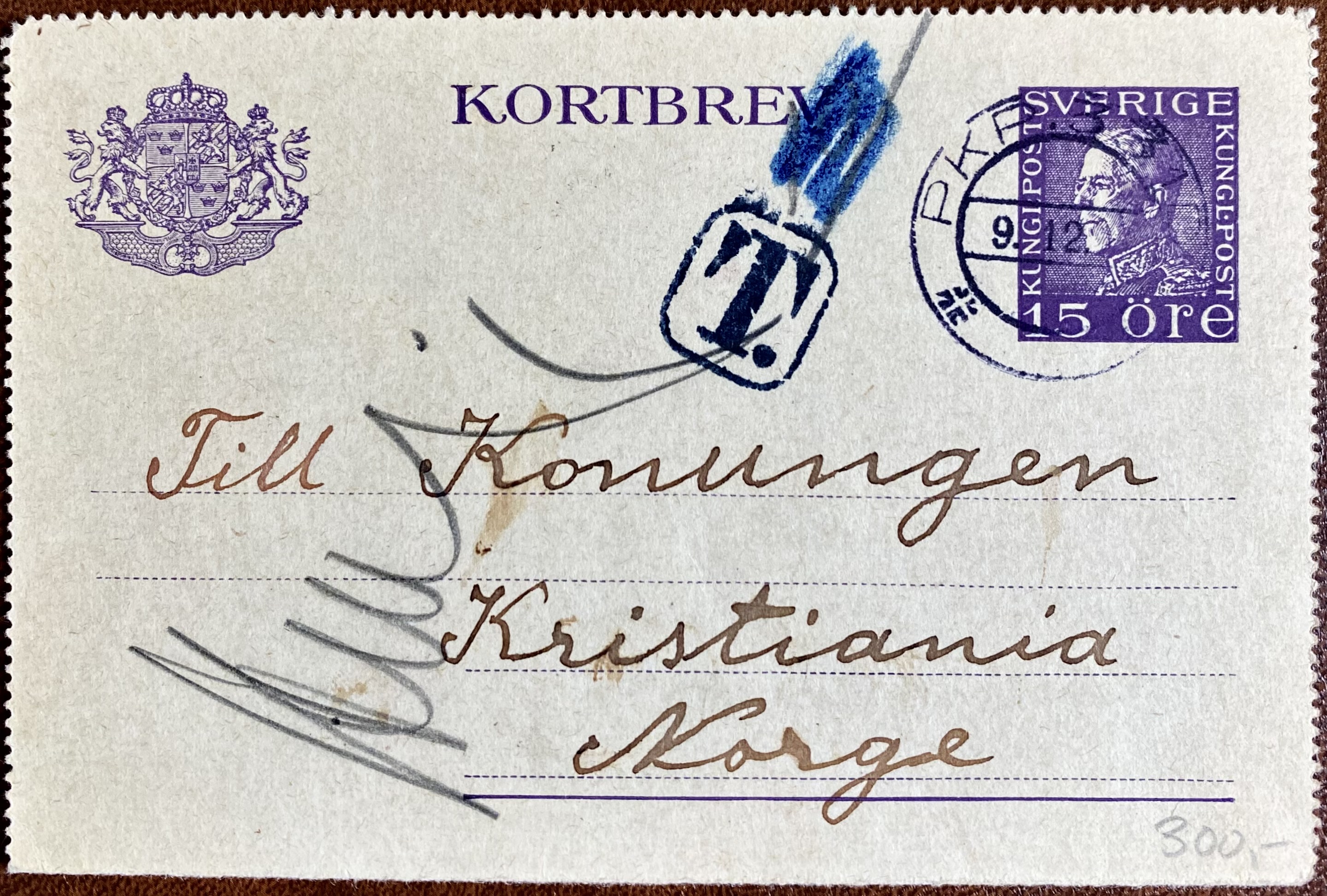 Brevkort St Sverige/Kristiania 1923 Adr Konungen Avs Fattiggård Ossa Sverige