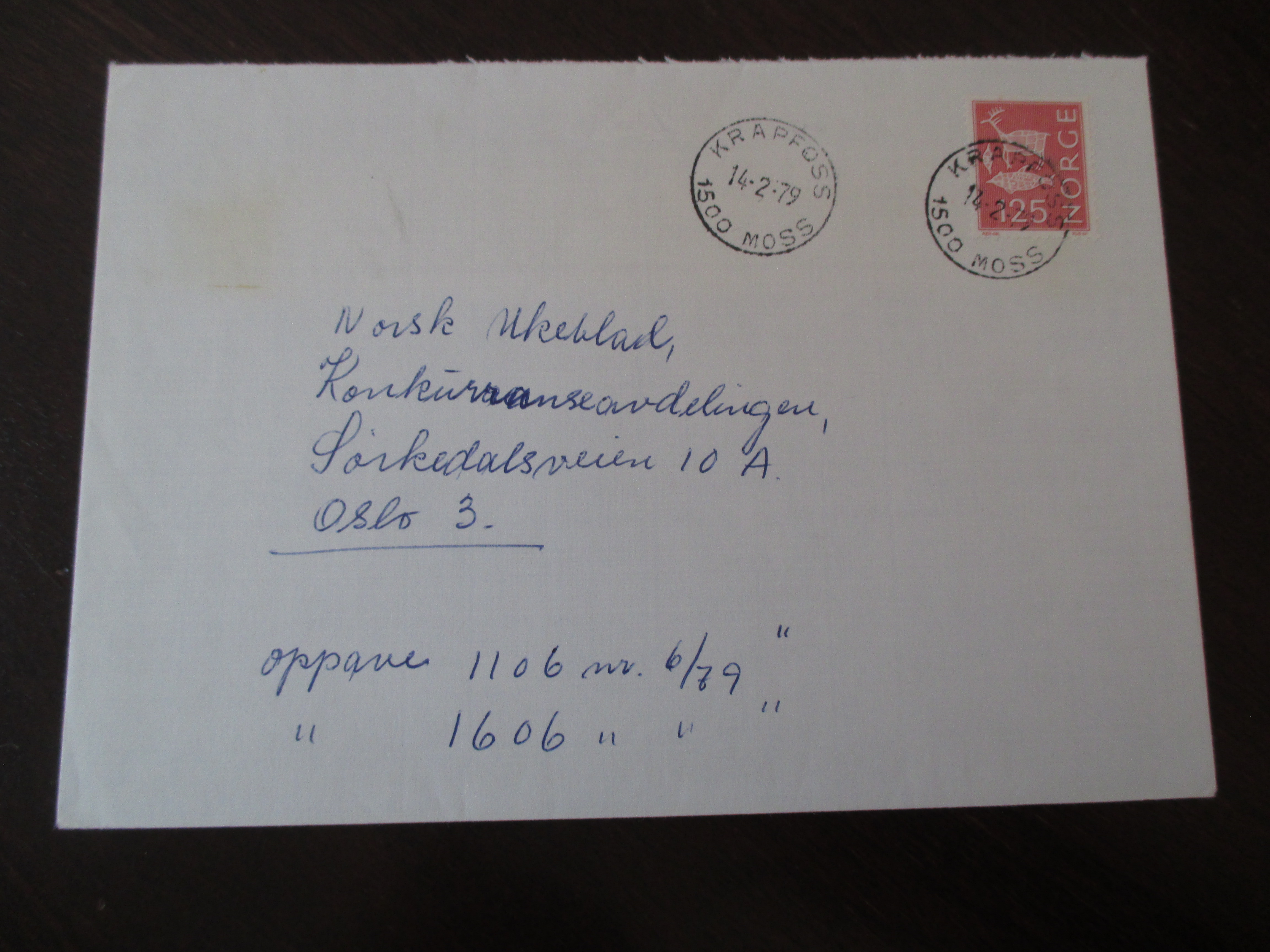 Brev st. Krapfoss, Moss 14.02.1979. (I22N)