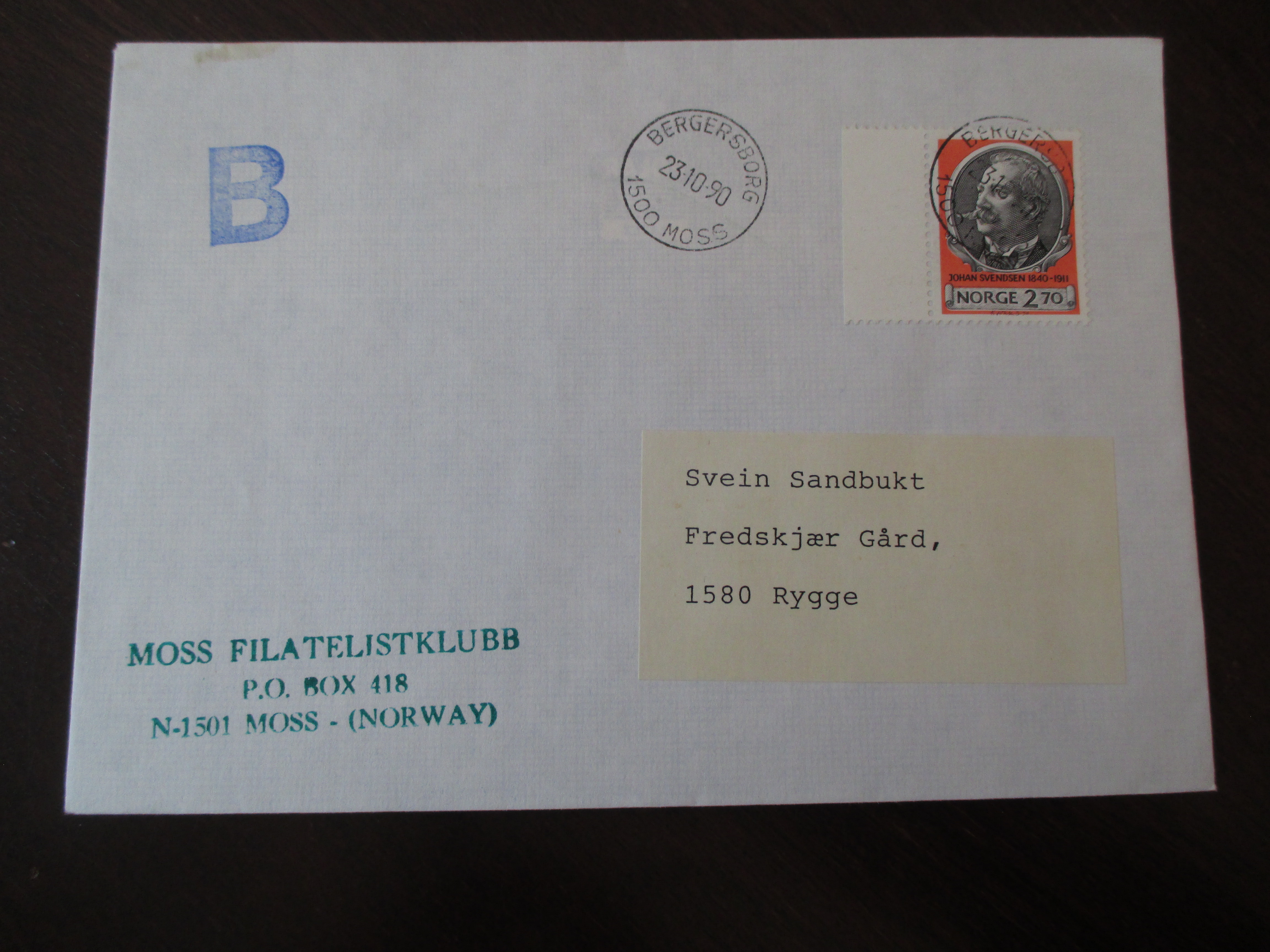 Brev st. Bergersborg, Moss 23.10.1990. (I22N)