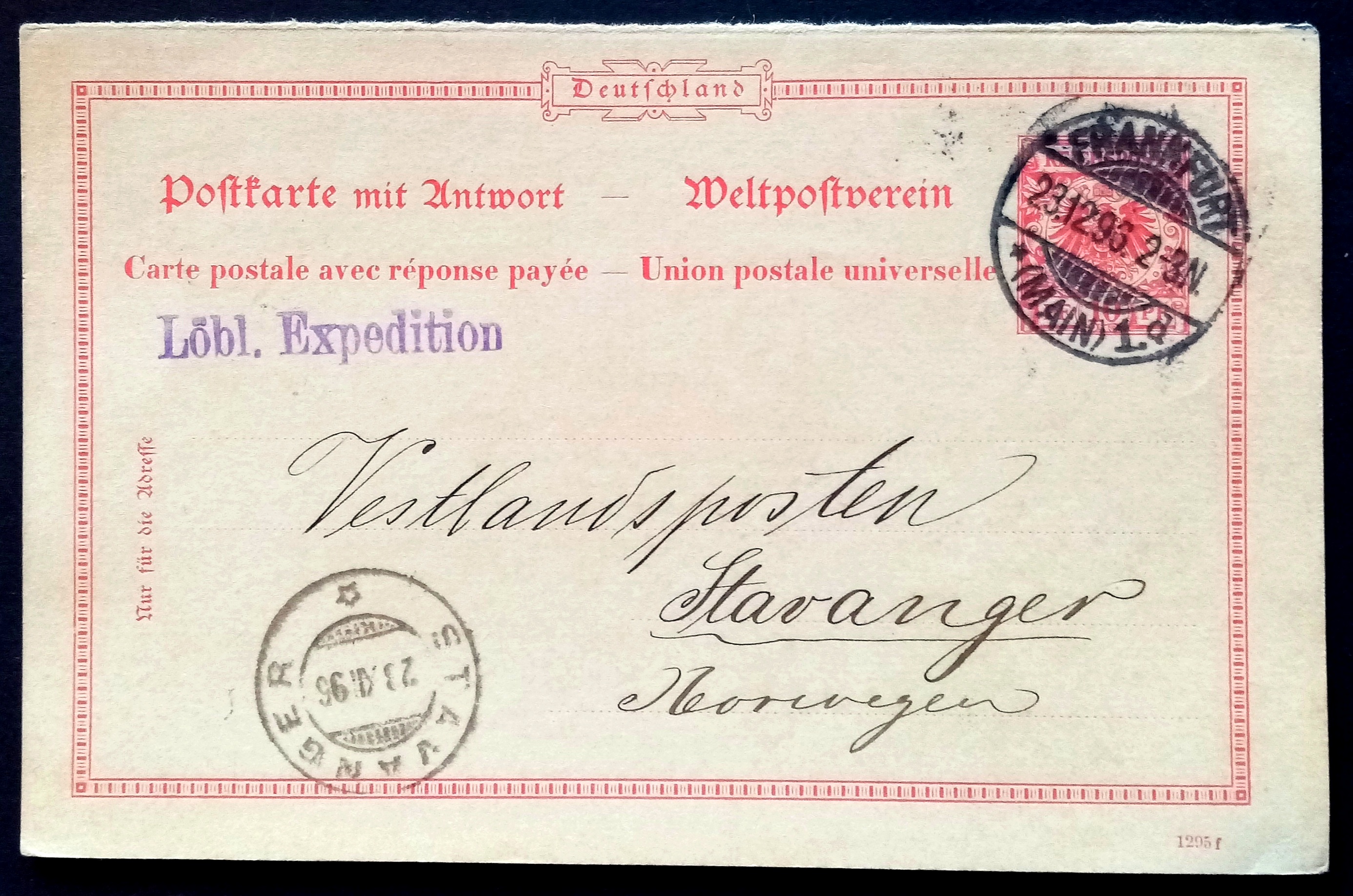 Postkarte - FRANKFURT - STAVANGER. 23.12.1896.