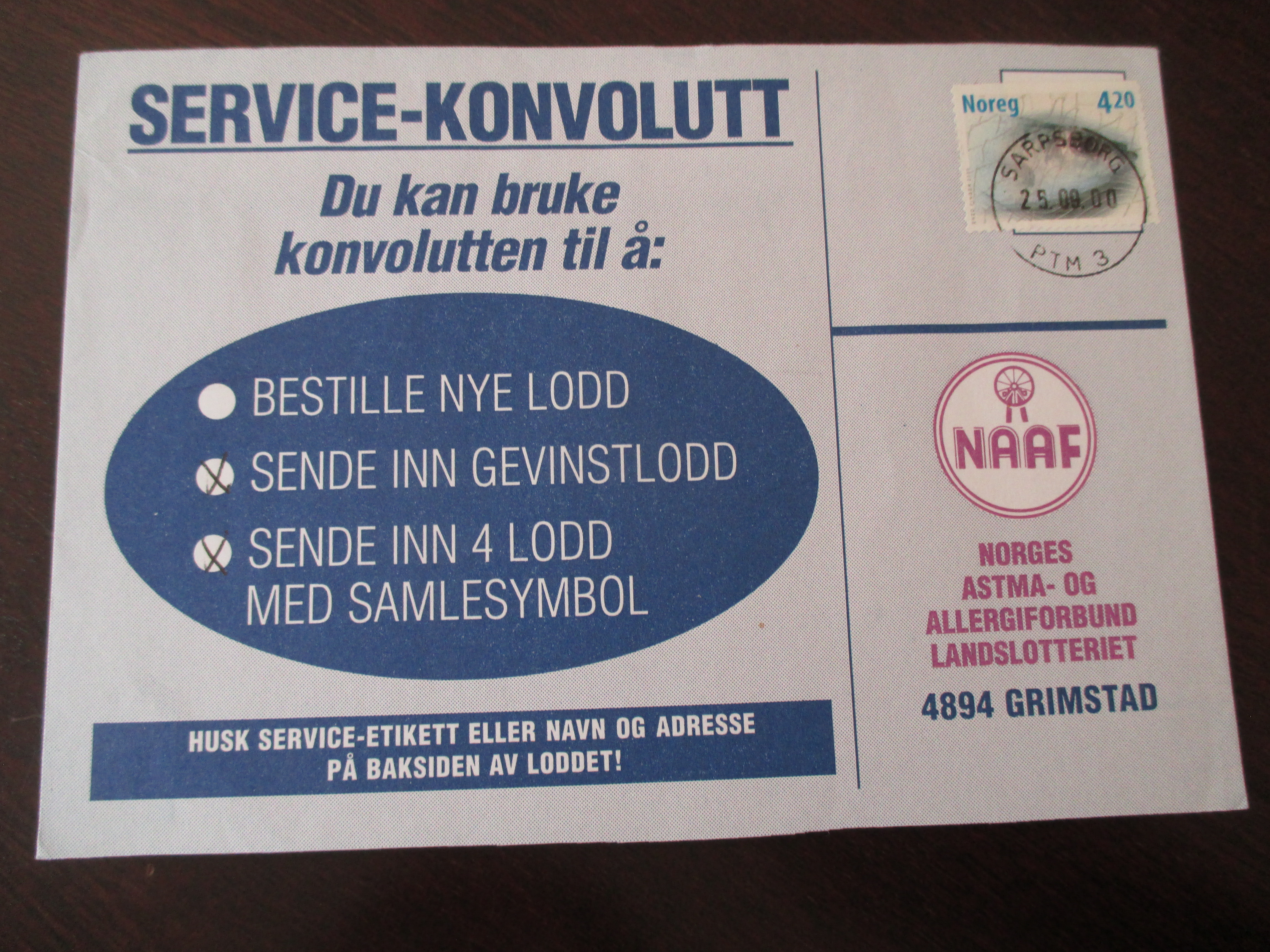 Brev st. Sarpsborg PTM 3 25.09.2000. (I24)