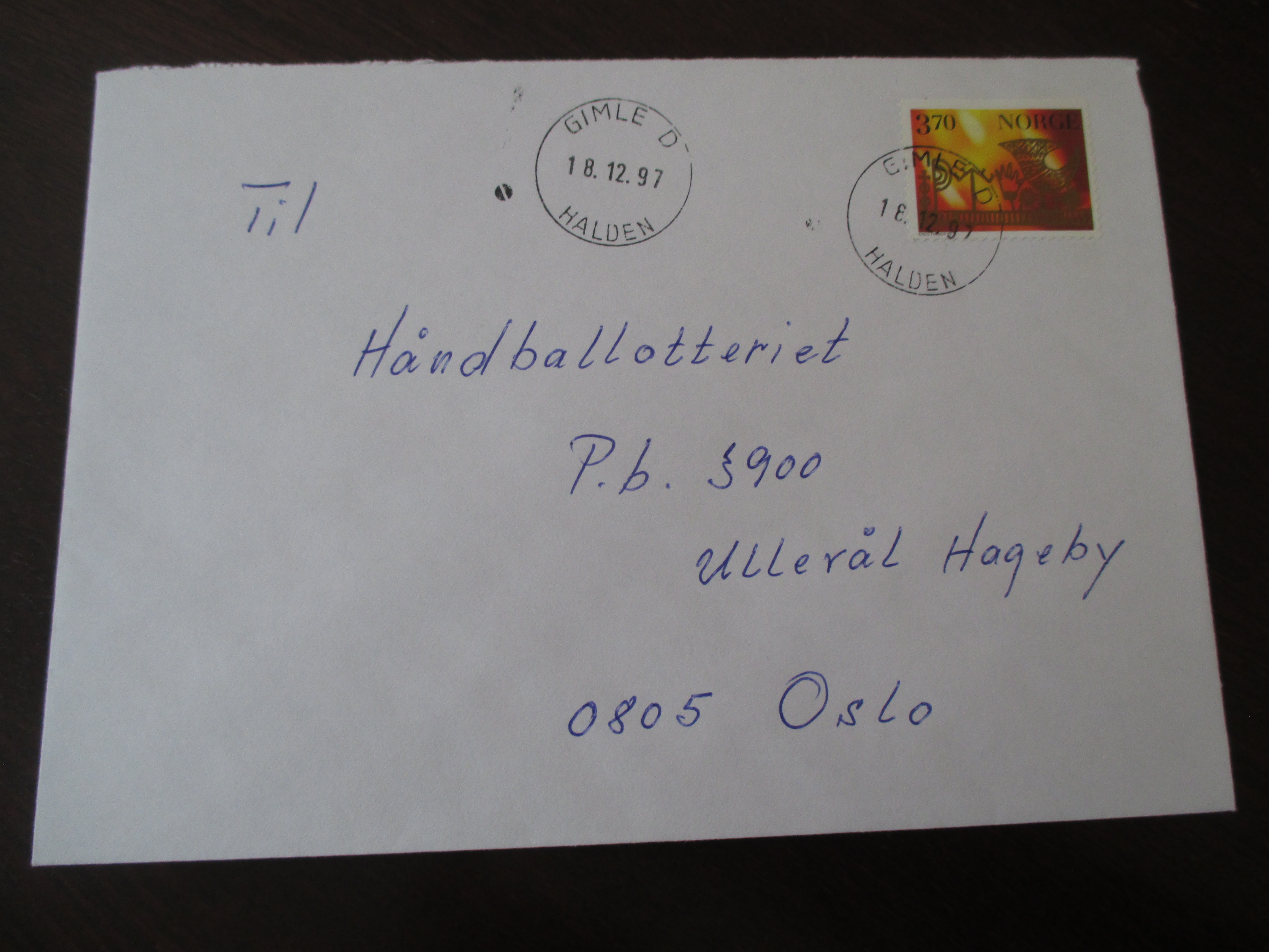 Brev st. Gimle D Halden 18.12.1997. (I24)