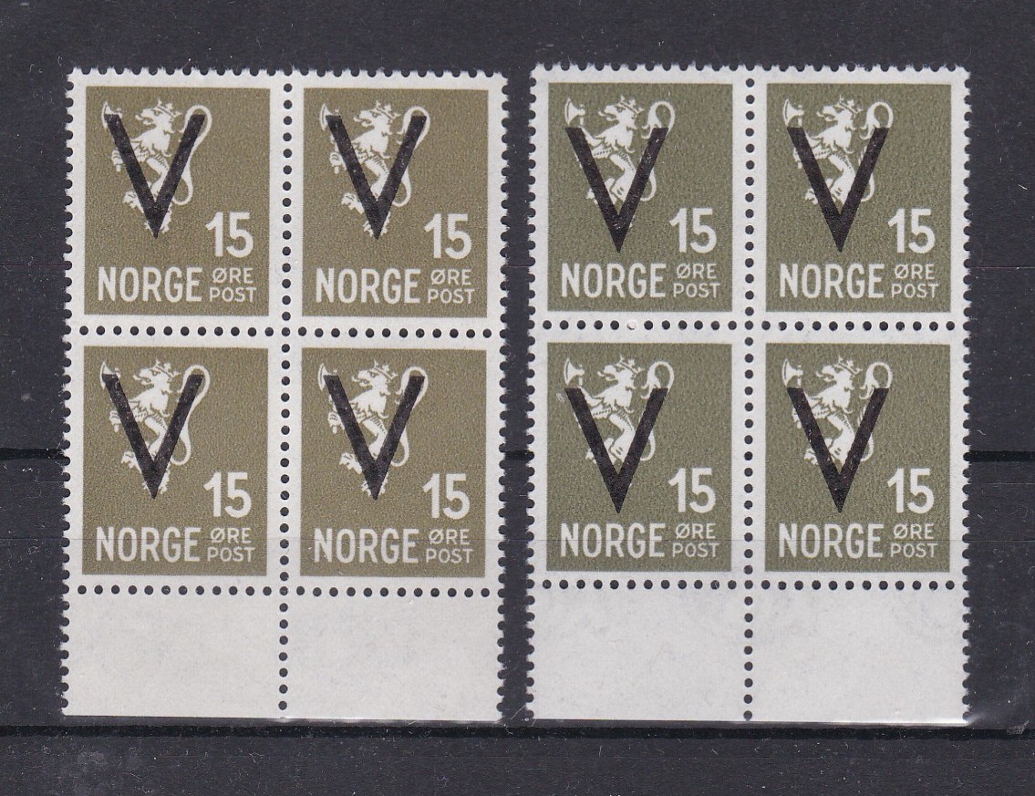 V-merke med vannmerke ( NK 268 a og b) 4-blokk postfrisk