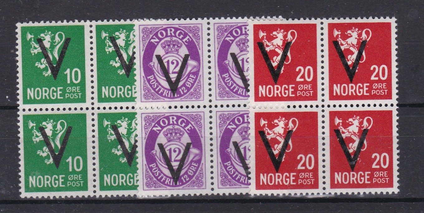 V-merker 10,12 og 20 øre ( NK 279,280,282) 4-blokk postfrisk