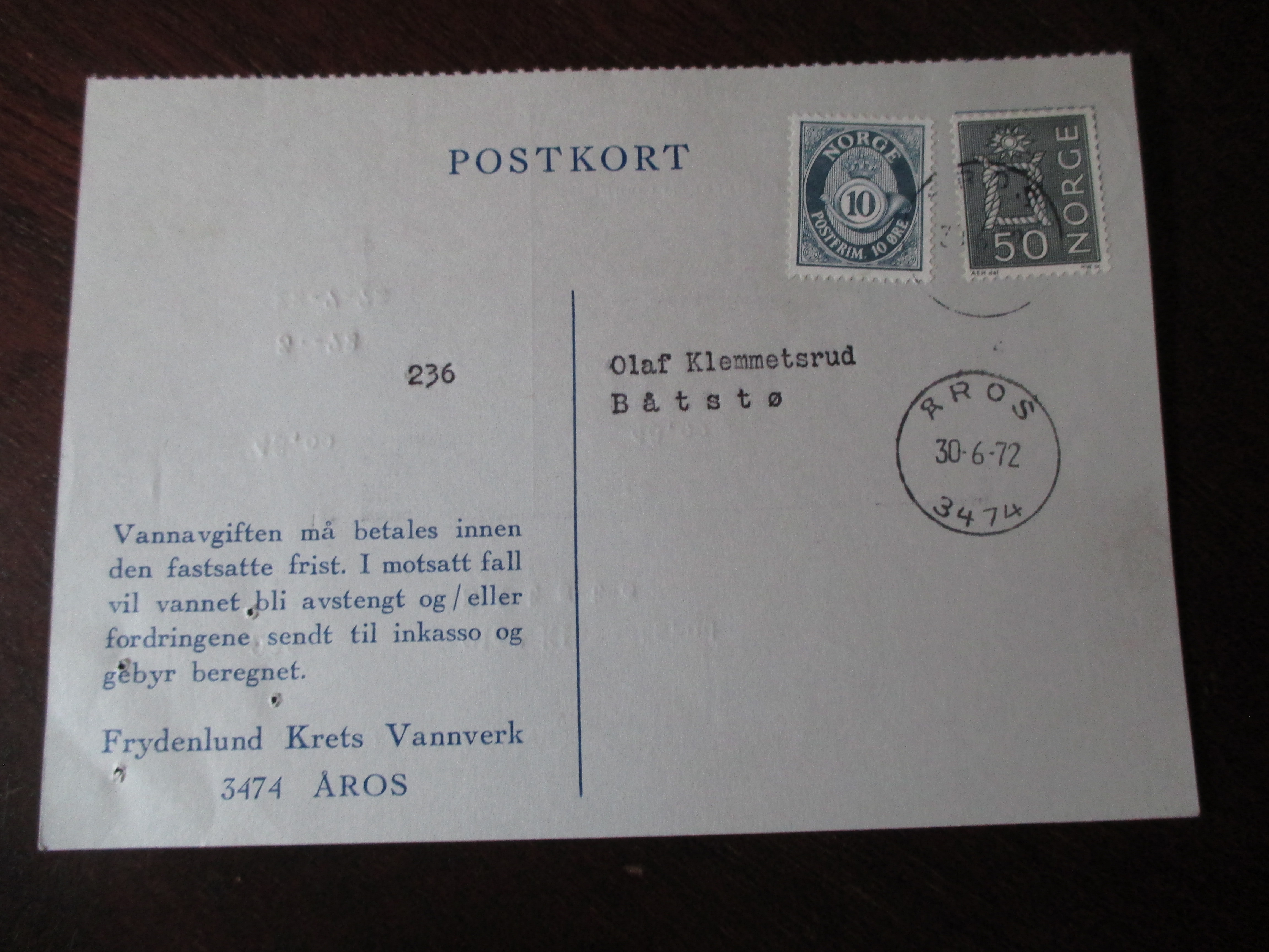 Giropostkort st. Åros 30.06.1972. (I22N)