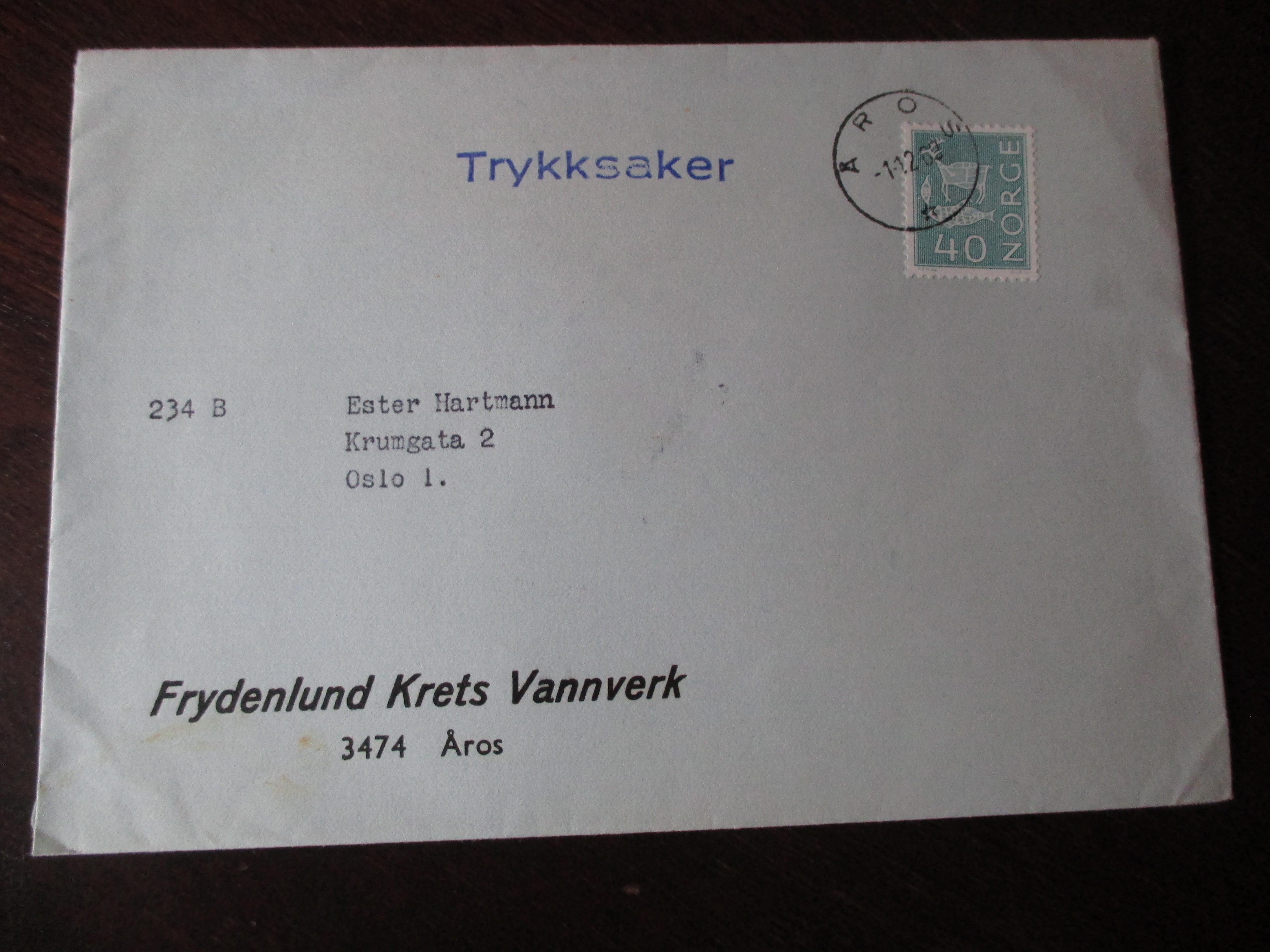 Brev st. Åros 01.12.1969. (I22-stjerne) Frydenlund Krets Vannverk.