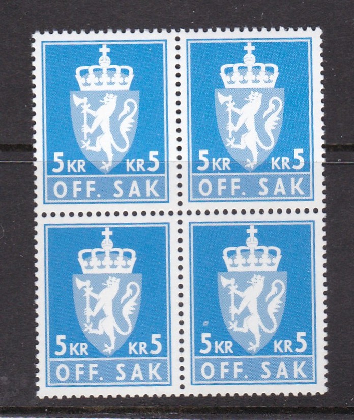 Off Sak III 5 kr ( Tjm 137) 4-blokk postfrisk